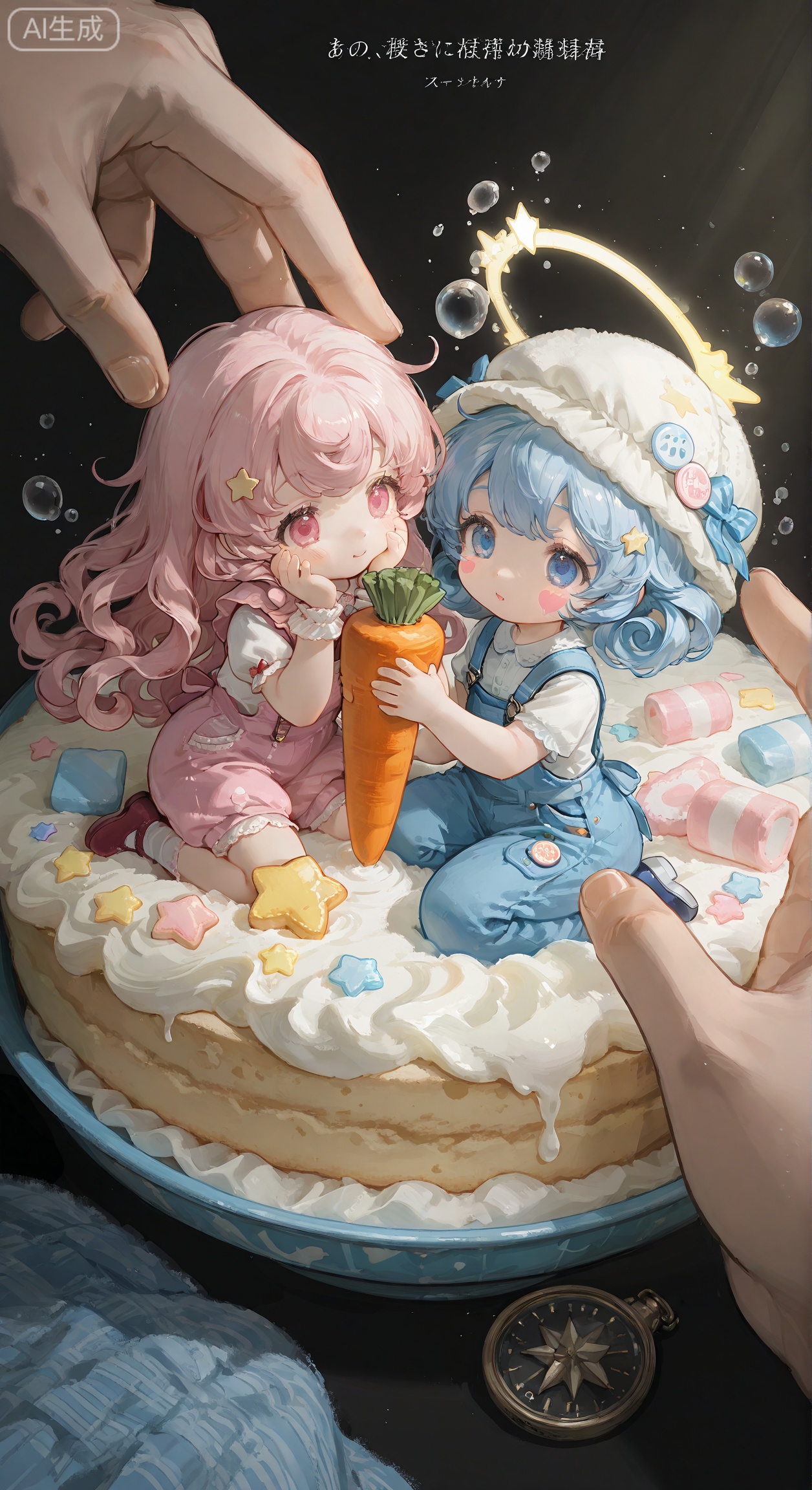 Cream powder blue soft and cute badge style, round composition, 2D young cute boy (light golden curly hair is naturally fluffy, holding both hands on the cheeks, eyes bent into crescents, eyelashes are like small fans), buttery white cloud hat on the top of the head (light blue slutballs on the edge), surround decoration: drooping rabbit stickers (holding carrot pillow), rainbow marshmallow clouds, handwritten text (DO NOT TAKE, sweet dream), embellished mini bottles (with milk bubble overflow effect), star biscuit pattern, overall cream powder + baby blue color matching, pure black background, sticker texture (with fluffy smudge effect + light pink gradient stroke), the character is covered with a faint warm yellow halo, as if it is gently wrapped in sunlight, the atmosphere is soft enough to make the healing feeling of pinching out water