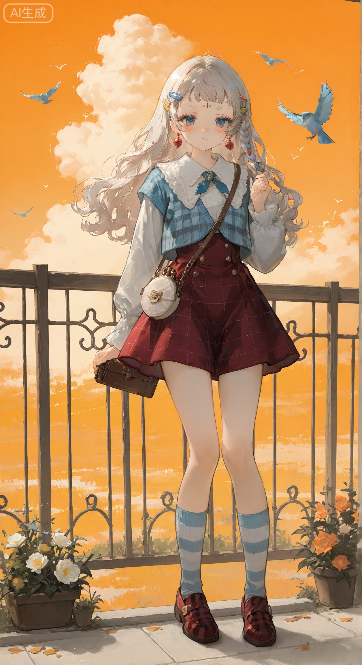 The super Q version of the girl is a delicate and delicate ornament with a head-to-body ratio of 1:1.2, showing a stance of standing firmly with her feet and looking down at the bear beside her. Her hair is a fluffy Pisces braid. Her hair is light and has a clear texture. Her texture is as delicate as gentle linen, with a warm texture and layering. It is a flexible and natural soft ceramic resin texture, which fits the retro childlike theme with a fluffy three-dimensional style. The fine bangs on the forehead are naturally scattered. The braid is decorated with colorful clips and flower rubber bands, showing the innocent and retro temperament; the makeup on the face is centered on the retro childlike fun, with curved and slender eyebrows, and the eyeshadow is light brown and light pink gradient. Smudge, blush is selected as a vital orange pink, with fine freckle texture, clear and droopy eyes, with natural fiber-slim eyelashes, light brown gradient edges, second-dimensional hand-painted gradients in the eye pupil, with bright white highlights, and a light purse-slim curves; the clothing is a light retro plaid short jacket, paired with striped socks and plaid shoes, the main color is brown plaid and blue, auxiliary color colorful cloth patches, bright color decorative buckle metallic luster, the pattern is a simple cloth patch shape, the material is real, the neck mini mutt hanging decoration, the ear flower earrings; the base is a mini fence, strange tree twigs (pering small dolls, birds, and small decorations for hanging apples ), the warm orange background changes the sky, and the soft light forms light and darkness in the fluffy hair and the folds of the clothing, presenting a full-body shape. The striped socks and plaid shoes on the lower body are decorated clearly and coherently echo. The Q-version ornaments present a unique atmosphere of retro, innocent and fantasy.