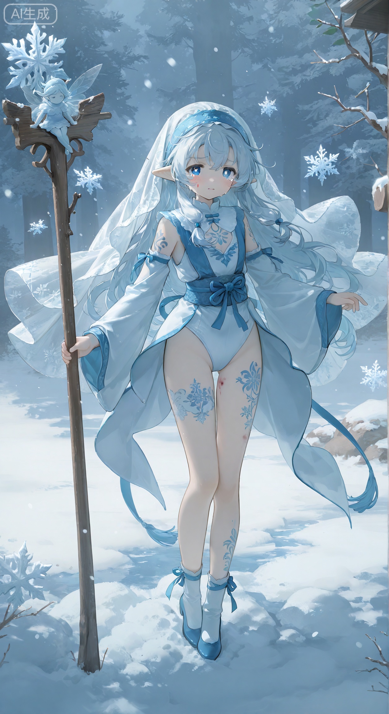 DD style, OC renderer, trendy toy style, porcelain, porcelain figures (the huge cedar is covered with thick white snow. Gushe Fairy stood under the cedar, with a silhouette, tears marks, holding a cedar pole, wearing a veil woven with snowflakes, white pupils, cedar crown, mysterious white tattoo on her body, matte fabric flows pearlescent in the cold dimming. Fusion of the texture of Western oil painting) Raw rice paper face rouge smudge, whole body