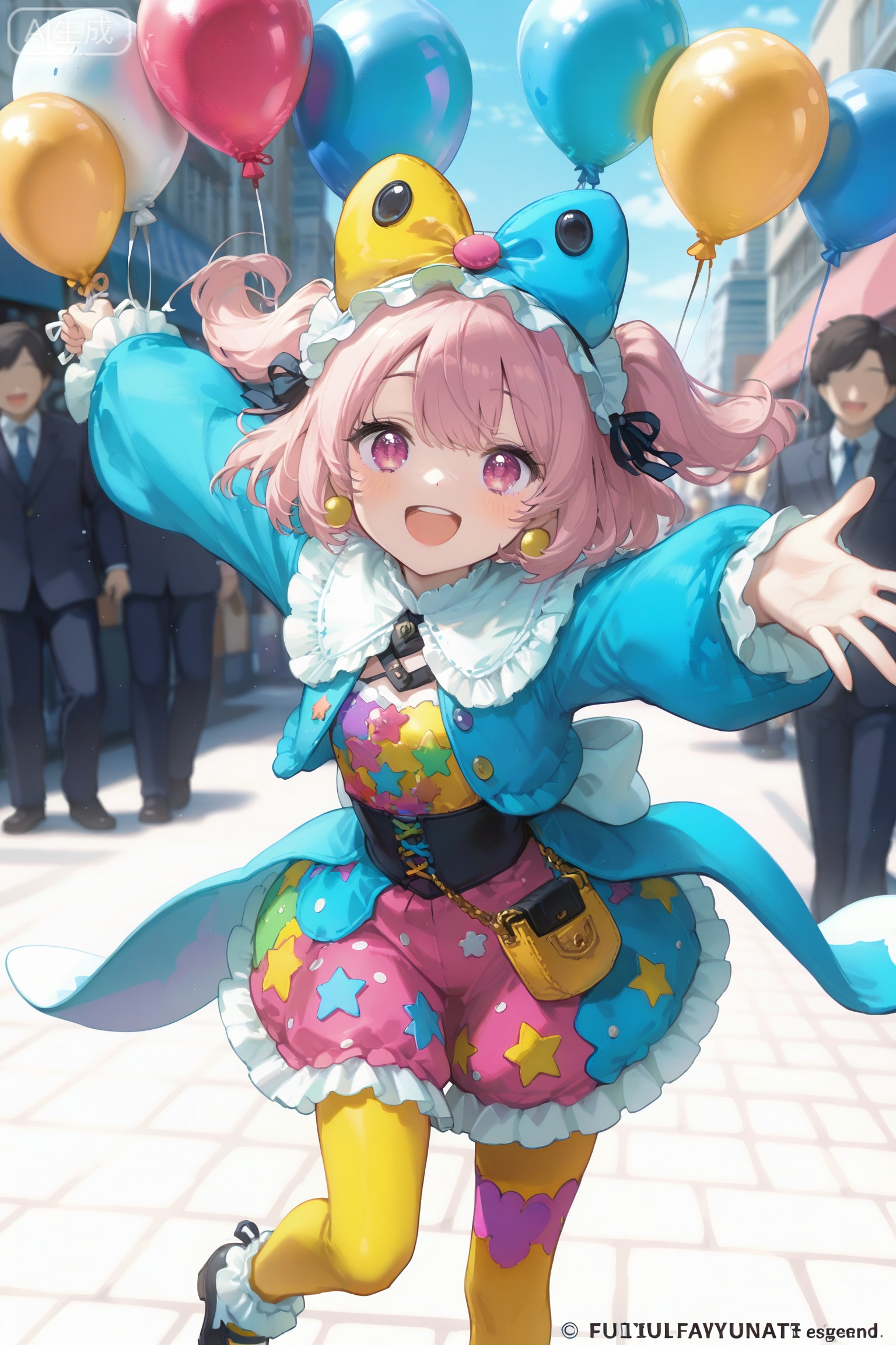 “masterpiece, absurdres, best quality, playful girl in a costume, high quality, bright_colors,
//,
1girl, cheerful expression, wearing a colorful doll costume while handing out flyers on a lively street, oversized headpiece resembling a doll's face, vibrant and whimsical outfit with frills and patterns, surrounded by curious passersby, dynamic pose with one hand extended offering a flyer, playful atmosphere with balloons and decorations in the background, embodying enthusiasm and joy, heartwarming scene radiating friendliness and community spirit
//,
artist:kawaii_artist,[Artist:PlayfulIllustrator:0.5],artist:fun_vibes,(artist:whimsical_style:0.3),(artist:colorful_scene:0.3),artist:joyful_art,artist:community_spirit,Artist:engaging_expressions,
//,
Depth of field,(bright_tones),hdr,cheerful_effect,depth of field,inviting atmosphere,”