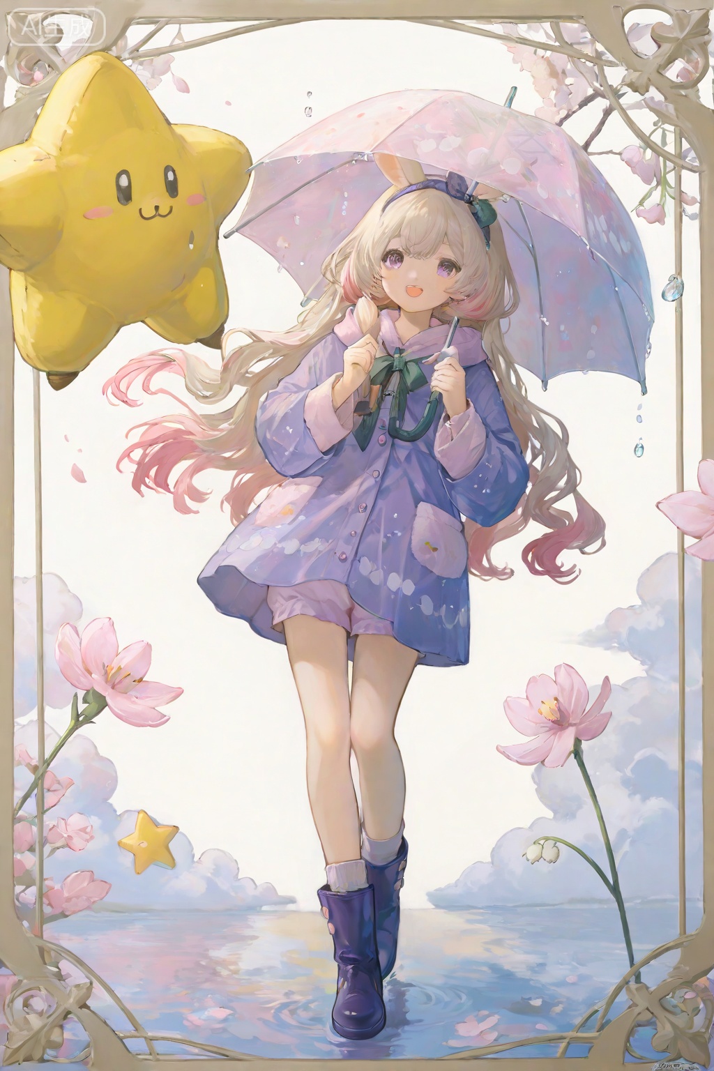 Japanese cute girl illustration, pastel soft fog tone, long milky white gold hair like fluffy marshmallow (the ends are curled into small spirals, and the color is light peach pink), wearing a sagged rabbit plush hairband (the ears are decorated with lilac lily of the valley bow), wearing a light goose yellow light pink raincoat (the hem and cuffs are designed with cloud edges), paired with lantern shorts in the same color (the legs are hanging with pearl tassels) and light pink plush rain boots (the boots are printed with love print), holding a pink and white gradient transparent umbrella, covering the spread The cherry blossom path jumps gently (rain drops splash like broken sugar particles, skirt elevates like small clouds), smiles sweetly (two rabbit teeth reveal, star spots at the ends of the eyes), a light pink and purple spring garden pattern on a pure white background (large tulips + falling cherry blossoms + white fence with raindrops), add frosted texture raindrops (soft light on the edge), light pink gold border (inlaid with small strawberry patterns), line pattern is delicate like colored pencils, style healing sweet and soft style cute