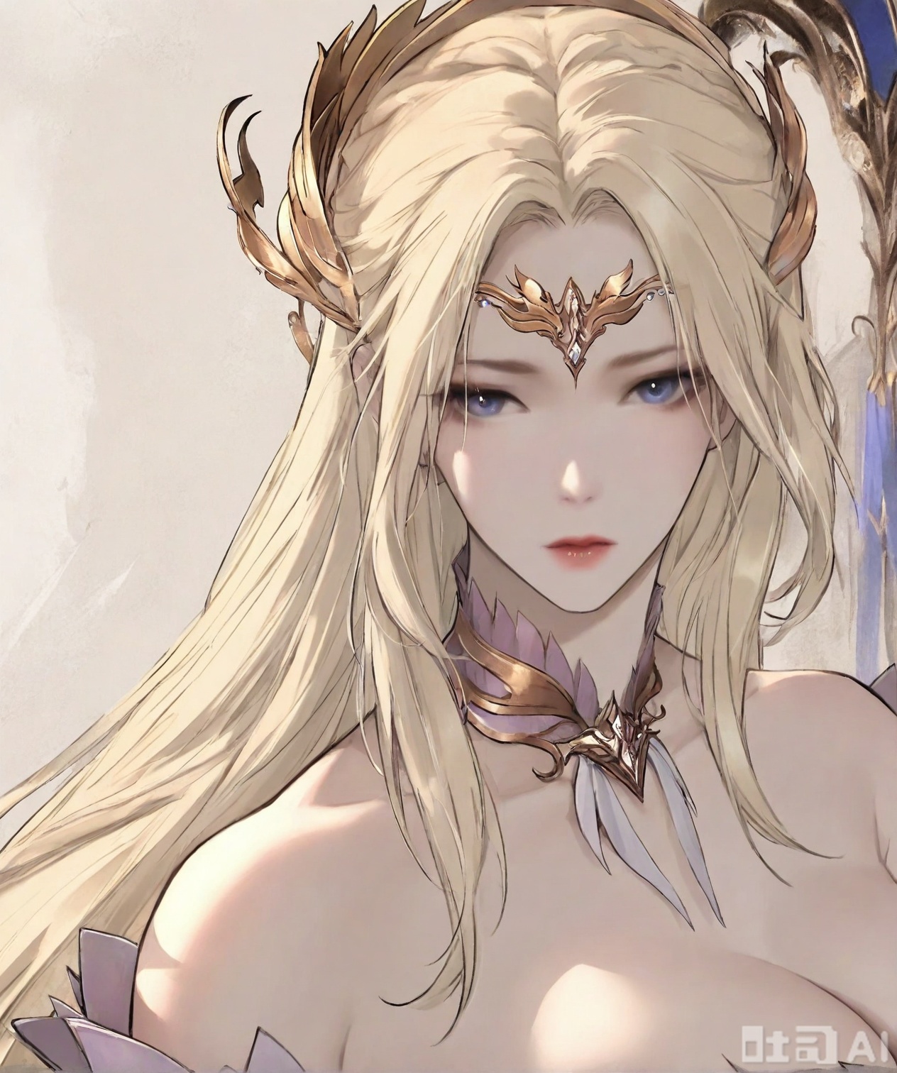 ((very awa)),(solo),highly detailed,(best quality),((masterpiece)),1girl,,spot color,shouhui,lineart,chi,simple background,sketch,flat color,ge,,looking_at_viewer,blue eyes,,long hair,hair ornament,armor,bare shoulders,blonde hair,mature_female,qianrenxue