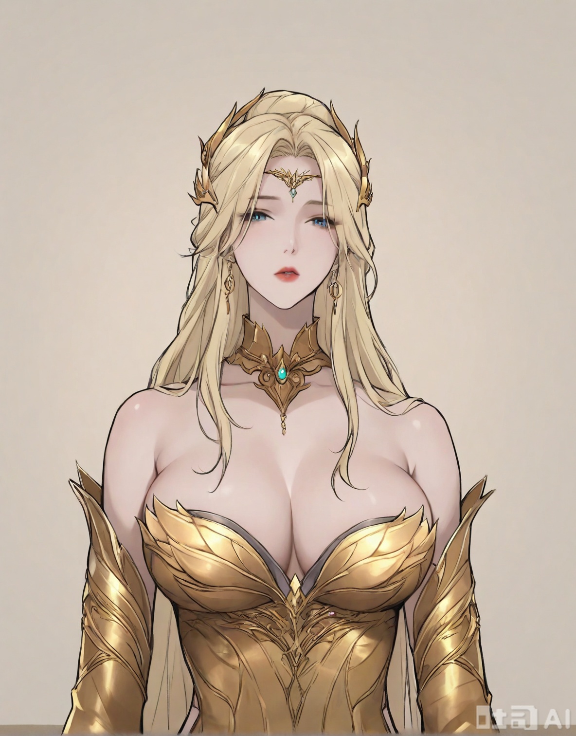 ((very awa)),(solo),highly detailed,(best quality),((masterpiece)),1girl,,spot color,shouhui,lineart,upper_body,chi,simple background,sketch,flat color,ge,,looking_at_viewer,blue eyes,,long hair,hair ornament,armor,bare shoulders,blonde hair,mature_female,golden clothes,qianrenxue