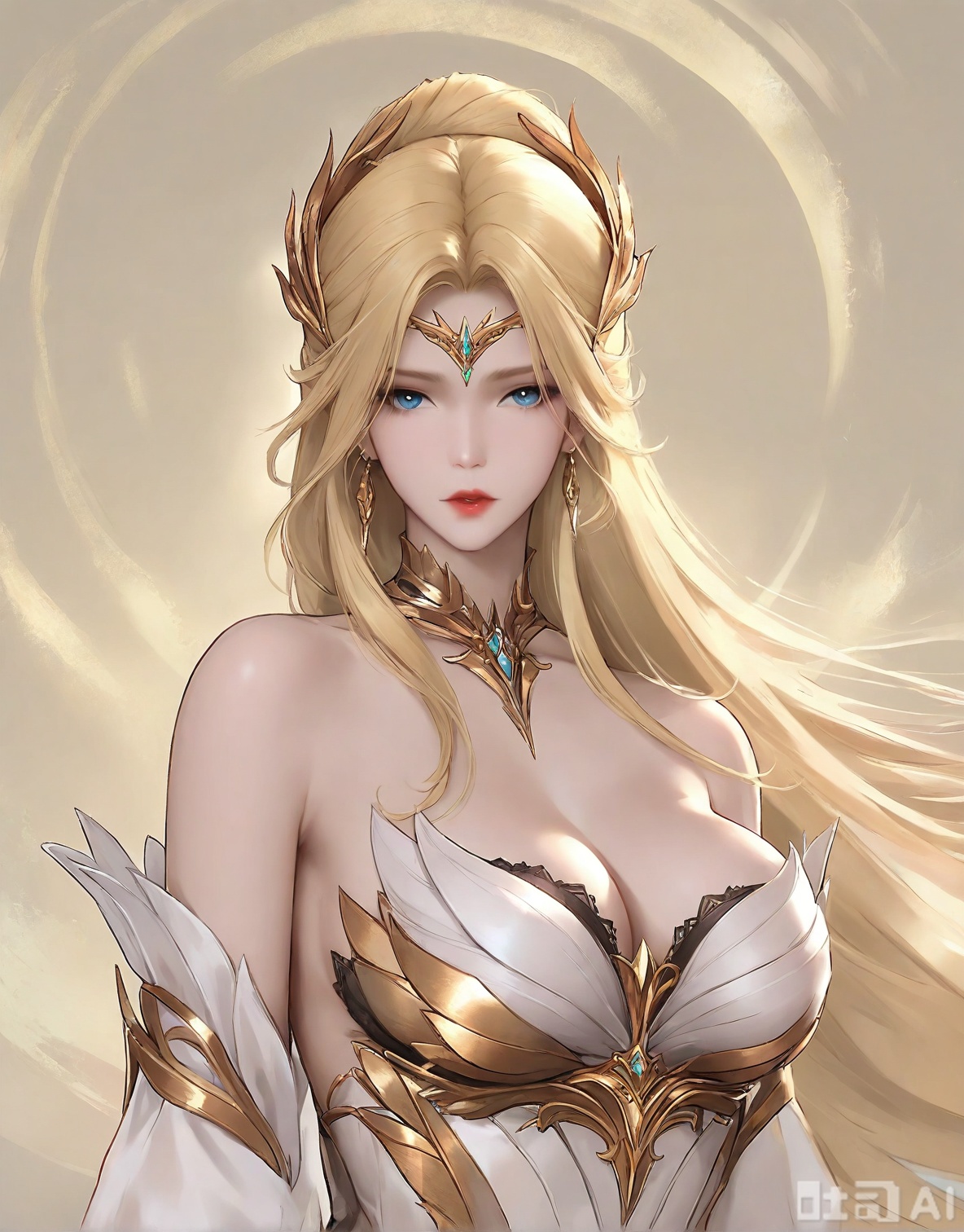 ((very awa)),(solo),highly detailed,(best quality),((masterpiece)),1girl,,spot color,shouhui,lineart,upper_body,chi,simple background,sketch,flat color,ge,,looking_at_viewer,blue eyes,,long hair,hair ornament,armor,bare shoulders,blonde hair,mature_female,golden clothes,qianrenxue