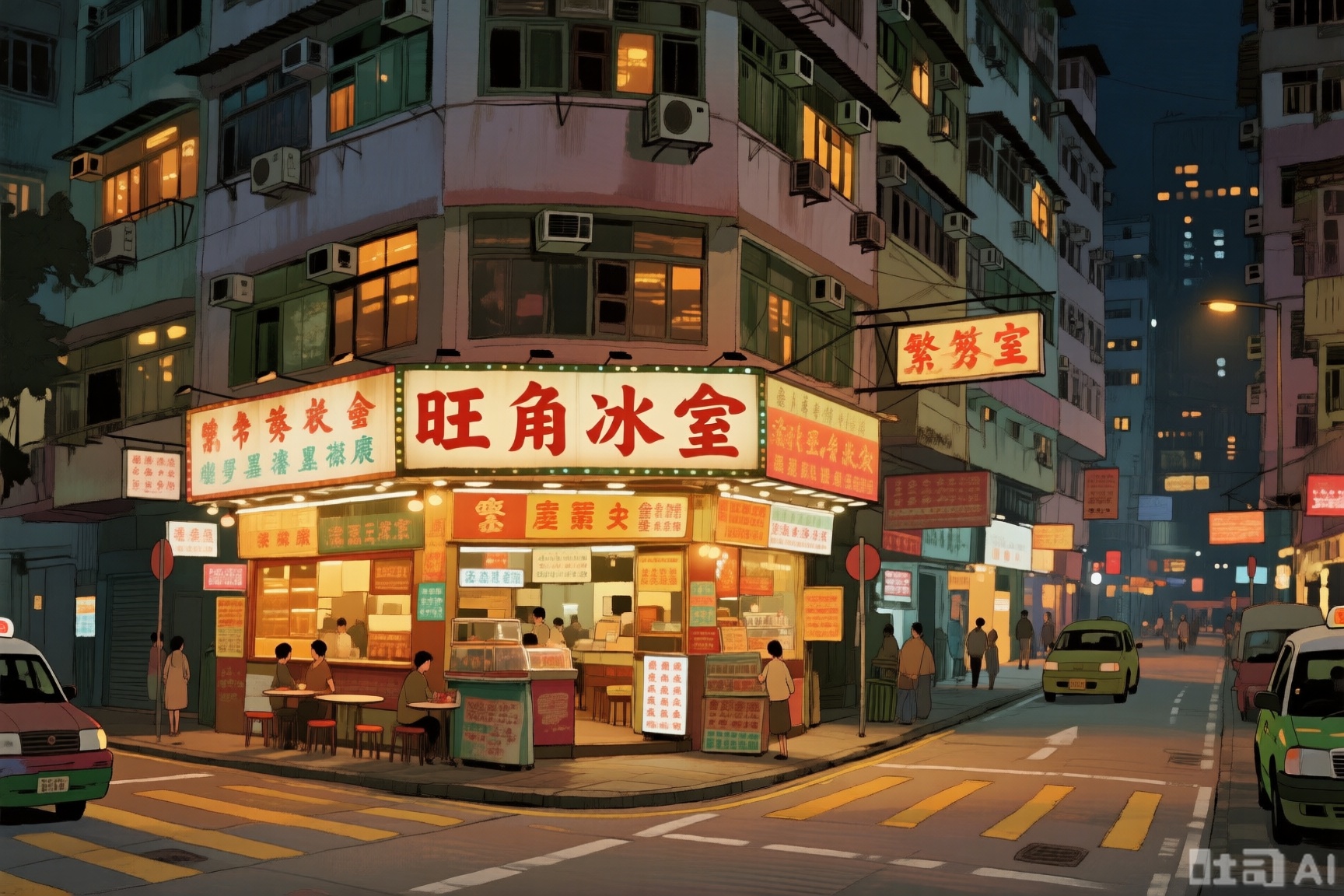 治愈系插画,香港街道,夜晚,店铺暖光温馨,店铺招牌名称为“旺角冰室”（繁体字）,周围建筑透出微光,营造出热闹的市井氛围。