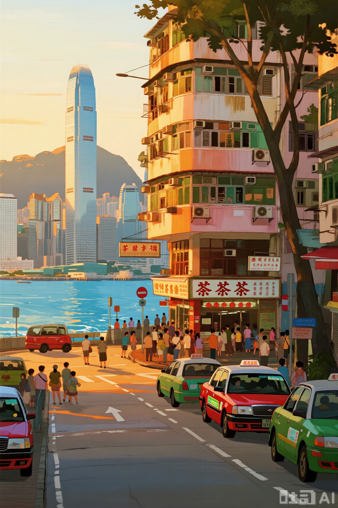  治愈系插画,香港沿海街道,阳光洒下,建筑色彩温暖,茶餐厅前人群聚集,车辆行驶,海面波光粼粼,高楼矗立背景中。