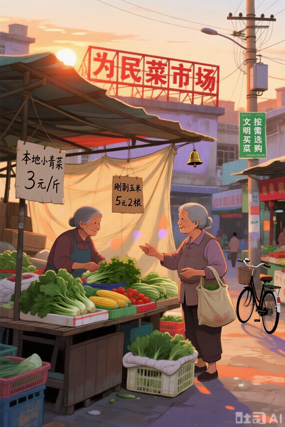 展现市井气息浓厚的傍晚菜市场：商贩收拾新鲜蔬菜,摊位上方挂着手写纸牌,“本地小青菜3 元/ 斤”“刚剥玉米5 元2 根” 字迹鲜活；老奶奶提布兜和摊主还价,远处“为民菜市场” 红色铁制招牌在夕阳下泛暖光,电线杆贴着“文明买菜按需选购” 绿色标语,还传来自行车叮铃声。采用治愈系插画风格,用细腻且略带圆润的线条勾勒摊位帆布的褶皱与蔬菜轮廓,避免生硬的直线；柔和夕阳光线洒在帆布上,形成暖橙与浅紫交织的光斑,光斑边缘做了轻微的模糊处理,像透过毛玻璃看到的光影；以数码手绘的细腻质感渲染,色彩过渡自然柔和,没有强烈的明暗对比,翠绿的蔬菜、暖红的招牌、米黄的帆布相互映衬,深褐木质摊位增添温润感。全景构图容纳多样细节,平视视角让画面充满亲切生活感,整体氛围像午后晒过的棉被般温暖舒适。