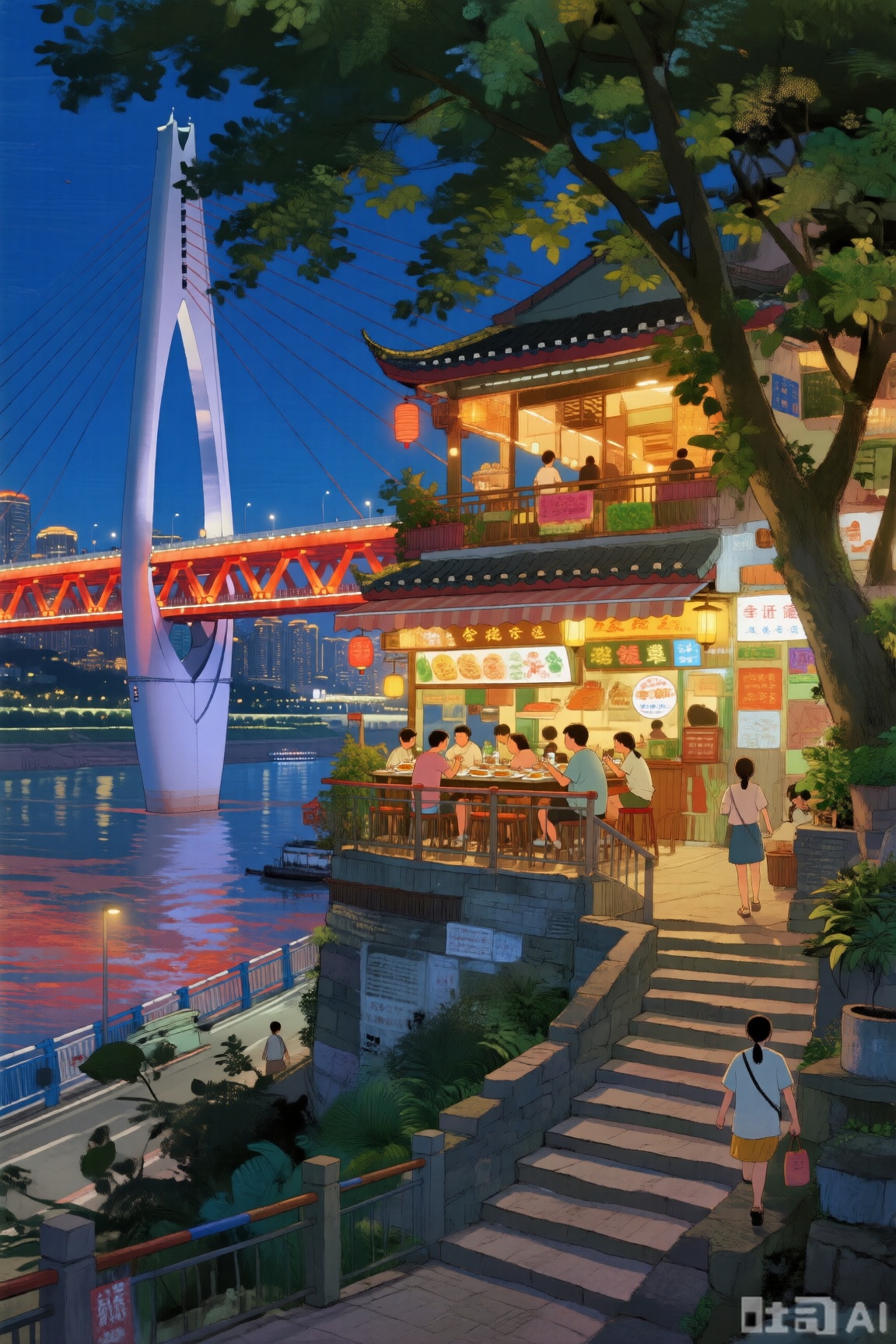  治愈系插画,江边夜景,特色店铺亮着暖光,顾客用餐,大桥横跨江面,灯光倒映水中,行人沿石阶而上,静谧美好。