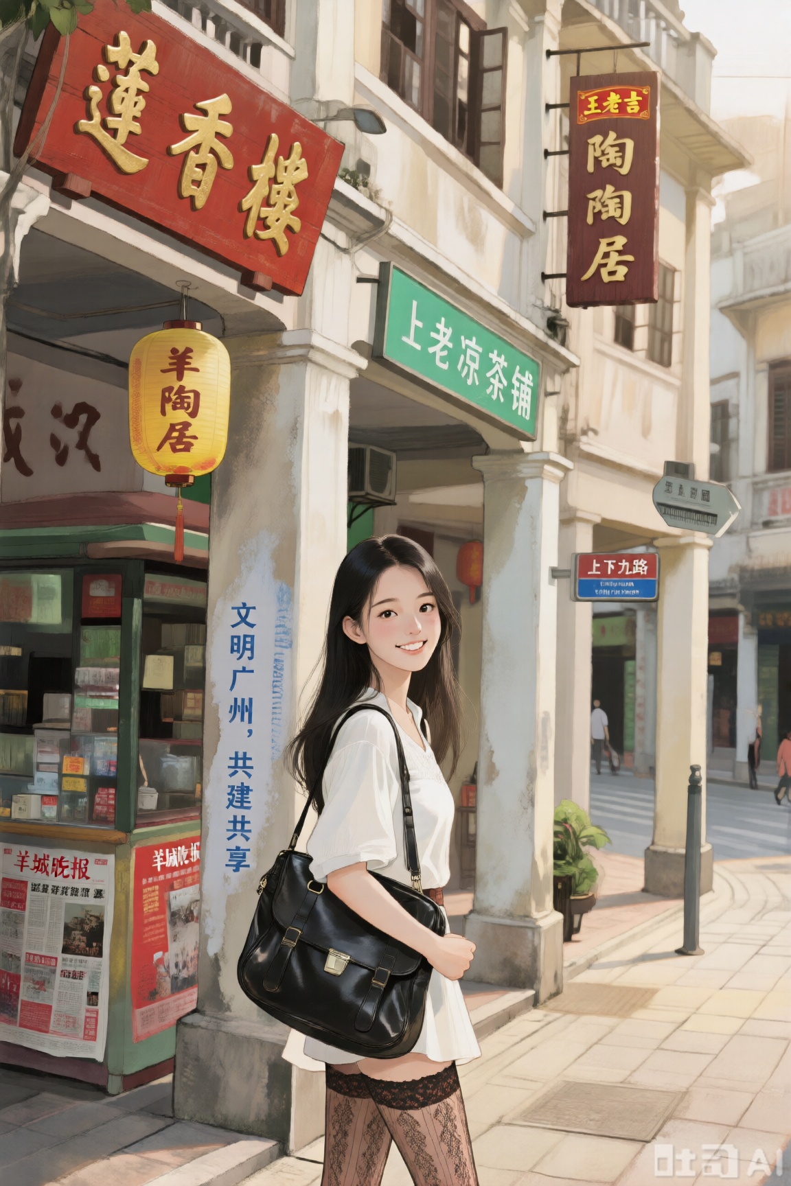 治愈系插画,黑长直发的年轻女性,穿着白色上衣,肩背黑色皮包,花纹丝袜,微笑凝视镜头,广州上下九骑楼街景,骑楼廊柱间挂着“莲香楼” 的朱红木质招牌,烫金繁体字在阳光下泛着光泽,旁边“陶陶居” 的明黄灯笼与“王老吉凉茶铺” 的绿底白字灯箱相映,街角报刊亭贴满“羊城晚报” 的红色海报,斑驳墙面上刷着“文明广州,共建共享” 的蓝色标语,路牌立柱清晰标着“上下九路” 中英文路标,整体采用治愈系插画风格,搭配清晨柔和的阳光穿过骑楼缝隙,用细腻水彩渲染木质招牌的纹理,色彩以朱红,墨绿,米黄为主调,构图遵循黄金分割,以中景平视视角展现行人与店铺的互动,让老广州的早茶香气仿佛透过画面飘散,