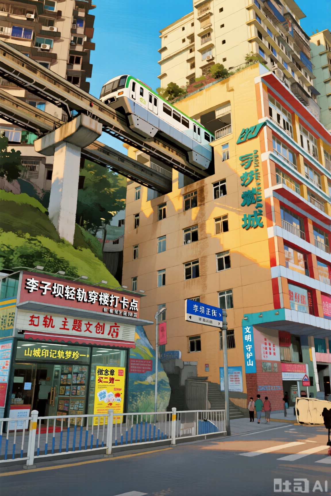 画面主体是李子坝轻轨站周边街景,轻轨2 号线从居民楼中呼啸穿出,站台外的“李子坝轻轨穿楼打卡点” 指示牌醒目,旁边“轻轨主题文创店” 的招牌写着“山城印记,轨梦珍藏”,店内玻璃贴有“纪念徽章,买二赠一” 的黄色促销海报；街道路牌标着“李子坝正街”,墙面刷着“文明游览,守护山城” 的蓝色标语。整体采用治愈系插画风格,搭配正午明亮的阳光洒在轨道与建筑上,用细腻水彩渲染建筑质感,色彩以暖黄、砖红、天蓝为主调,构图遵循黄金分割,以中景仰视视角展现轻轨穿楼的震撼场景,让山城独特的交通魅力跃然纸上。