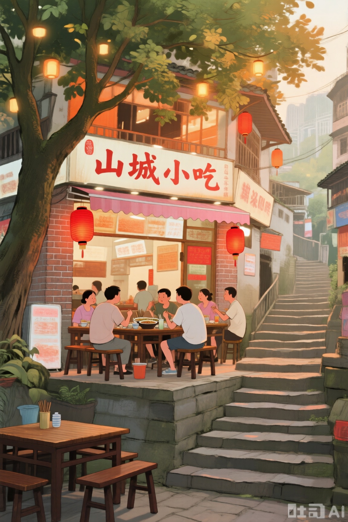 治愈系插画,山城小巷,店铺挂着红灯笼,招牌写着“山城小吃”,食客围坐用餐,石阶通向深处,大树枝叶繁茂,灯光柔和,充满烟火气。光线柔和地勾勒出餐厅的轮廓。渲染用数码手绘的方式,线条流畅且带细微肌理,让餐厅的砖墙、门口悬挂的红灯笼都有真实触感。色彩上,暖橘、浅粉与米白过渡自然,搭配木质桌椅的深棕色,层次分明又和谐。