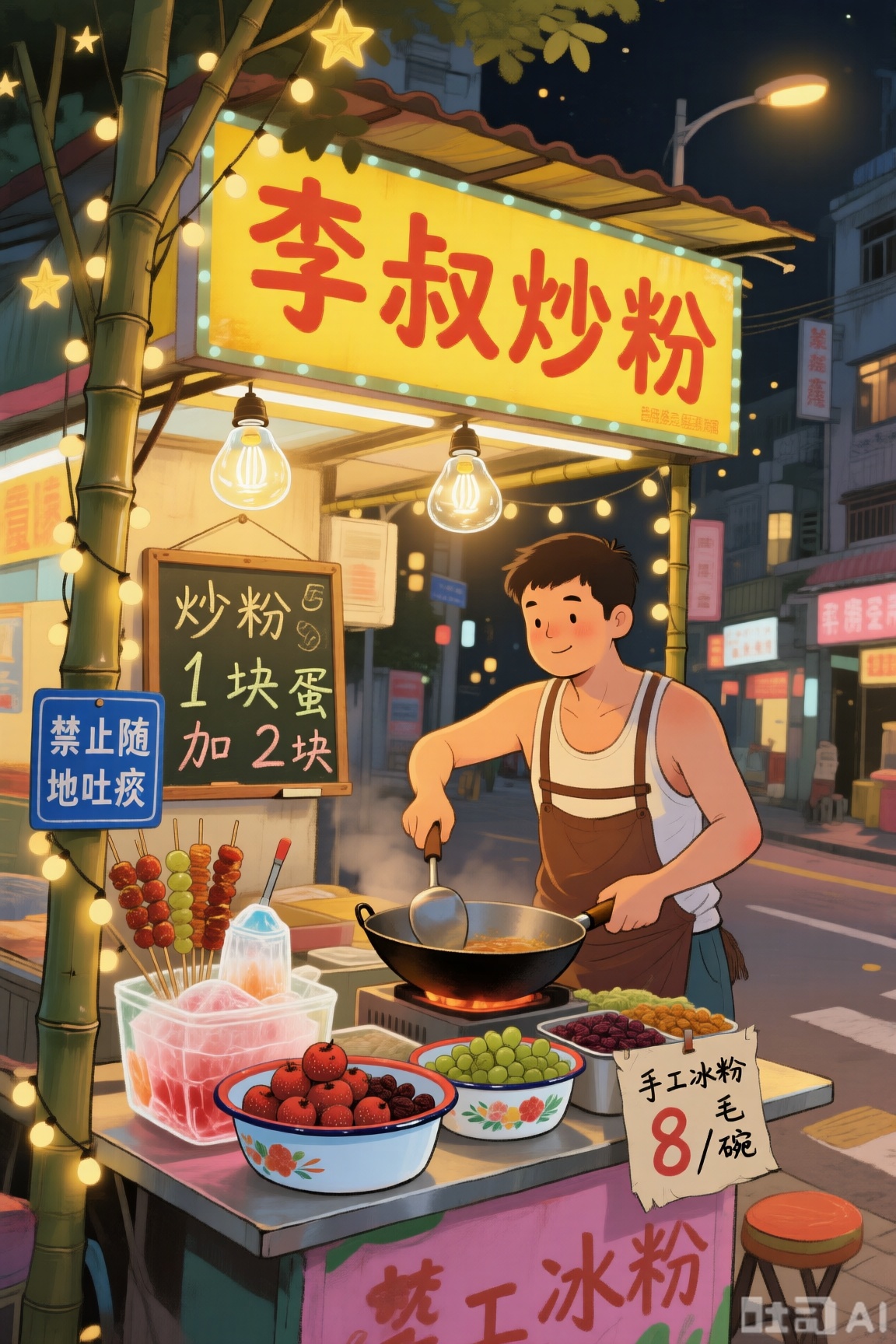 描绘80 年代市井气息的夏夜路边摊,“李叔炒粉” 的黄色灯箱招牌亮着,灯泡裹着玻璃罩,下方小黑板用粉笔写“炒粉1 块5 加蛋2 块”。摊主穿跨栏背心挥铁锅,旁边冰粉摊的搪瓷盆里,山楂、葡萄干等小料摆得整齐,纸牌写“手工冰粉8 毛/ 碗”,摊位旁立“禁止随地吐痰” 的蓝色标语牌,小串灯绕在竹竿上,像星星般闪烁。治愈系插画风格用圆润平涂线条勾勒场景,边缘带轻微色彩溢出；昏黄路灯光线柔和,手绘平涂渲染出明快色彩,暖黄、深棕、粉红为主调,中近景构图搭配平视视角,满是80 年代夏夜路边摊的惬意与热闹。