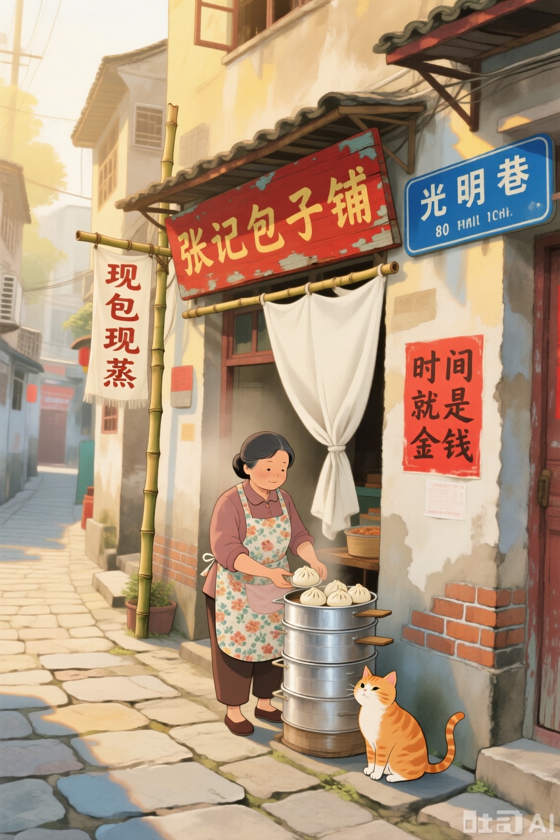 描绘80 年代市井气息的老巷,青石板路两侧,“张记包子铺” 的木质招牌刷着红漆,边缘有些掉漆却格外醒目,旁边竹竿挂着印“现包现蒸” 的白色粗布帘。阿姨系着碎花围裙,从铝制蒸笼里拿出包子,墙角蹲着一只等吃的橘猫,身后墙面贴着“时间就是金钱” 的红色标语,巷口立着刷蓝漆的“光明巷” 路牌。整体是治愈系插画风格,用圆润软质线条勾勒建筑与人物,边缘带轻微虚化；暖黄色晨光斜射,给砖墙和路牌镀上柔光晕,水彩质感渲染出朦胧感,色彩以米黄、浅棕、群青为主,中景构图搭配略带仰视视角,满是80 年代的温柔烟火气。