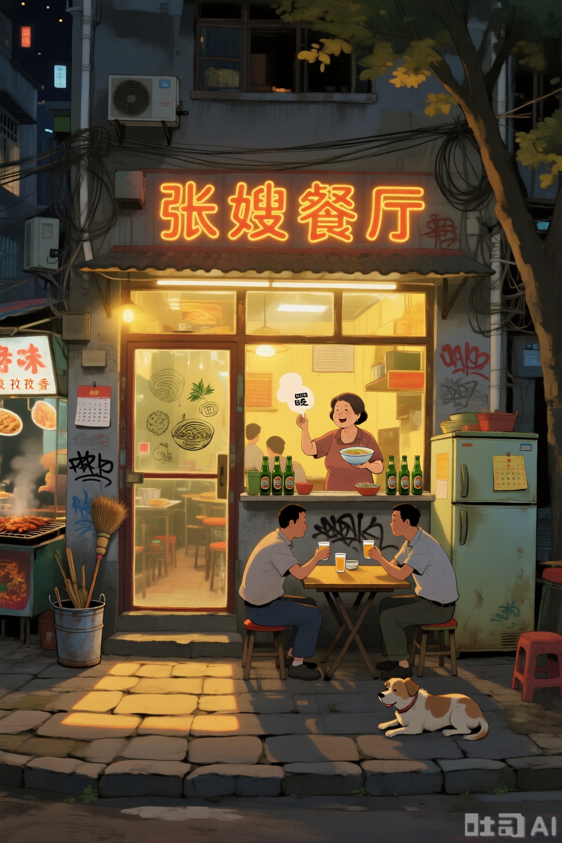 画面主体为老街区的张嫂餐厅,风格定为治愈系插画,浸着市井的生活气。夜晚的暖黄灯光从餐厅窗户里透出来,在门口的石板路上投出长方形光斑,光线里混着隔壁烧烤摊的孜然味和餐厅的面汤香。渲染用细腻的数码插画质感,却特意画出墙面的涂鸦、门口电线的杂乱,还有玻璃上客人哈气画的小图案,满是市井的鲜活。色彩以暖黄、深灰为主,门口的旧冰箱上贴着泛黄的日历,旁边铁桶里插着扫帚,还有几个啤酒瓶整齐摆在窗台上,透着小馆的热闹。构图上,餐厅居中,门口有两个工人模样的人坐在小桌旁喝酒,旁边的狗蜷在桌下,视角为平视,能清晰看到“张嫂餐厅” 的霓虹灯牌闪着暖光,还有老板娘在窗口端着碗喊“面好咯”,像夜晚街区里最暖的烟火,治愈又充满生活感。