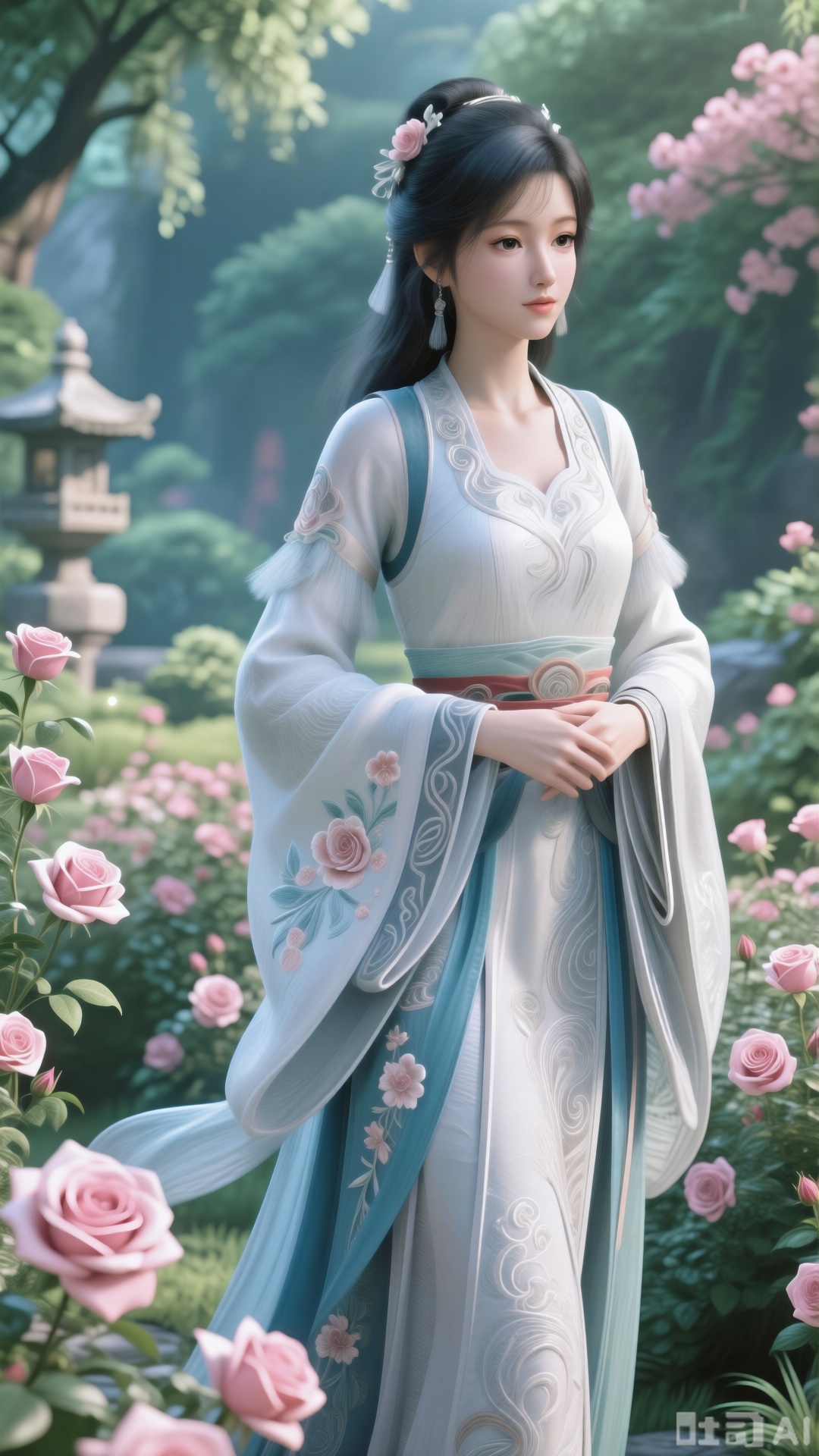  (masterpiece:1.2),best quality,,A woman adorned in traditional Chinese attire,featuring a flowing robe with intricate embroidery and floral accents. A garden filled with pink roses and lush greenery. Soft pastel hues of white,blue,and green,creating a serene atmosphere. Photorealistic photography.,(huge breasts:2.99),(full breasts:2.99),XlujiajiaQw,XmupeulingQwen,XsongyuQwen,XyinyueQwen,XsongyuQwen,XmupeulingHY3