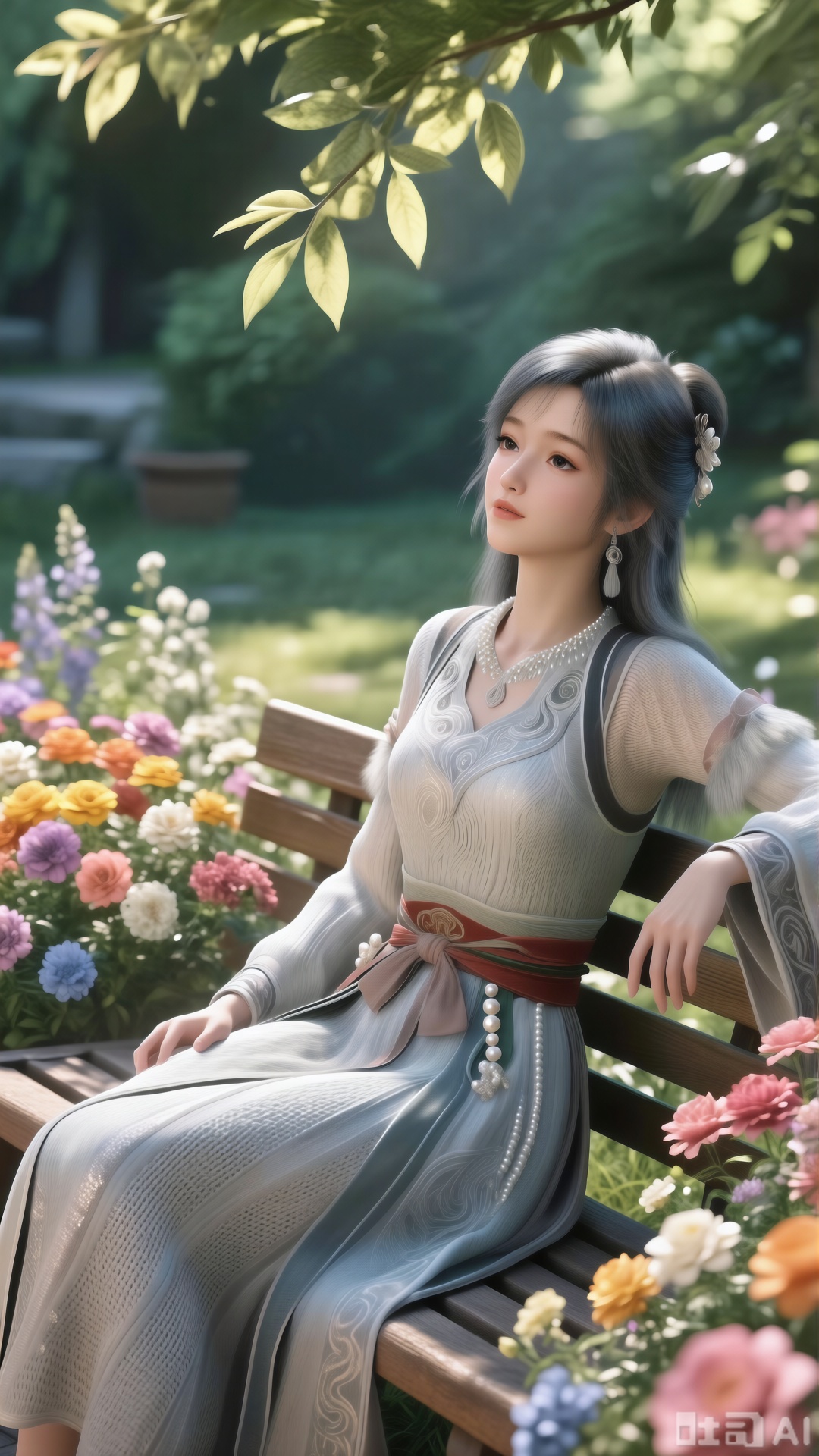  (masterpiece, best quality:1.2),A beauty ,(dress). Leaning on a garden bench filled with macaron - colored flowers,.Sunlight filters through the leaves onto her face, creating a lazy and gentle atmosphere, and her skirt sways softly in the breeze. 8K resolution, detailed texture of knitted fabric, lustrous pearl texture, vivid flower colors, soft natural light, Instagram - style filter texture.,XlujiajiaQw,XmupeulingQwen,XsongyuQwen,XyinyueQwen,XsongyuQwen,XmupeulingHY3