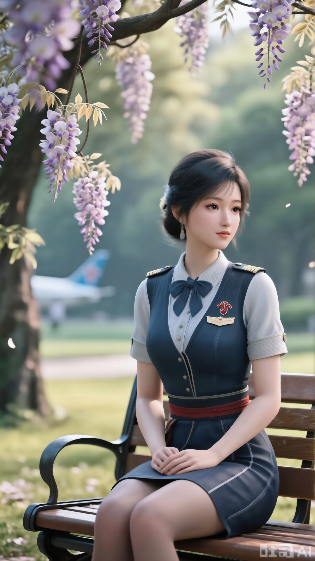  (masterpiece,best quality:1.23),portrait of a stewardess, beautiful face, perfect hourglass figure, China Southern Airlines uniform, sitting on a park bench, wisteria vines, blooming flowers, soft focus, out-of-focus background,(huge breasts, full breasts:2.99),XlujiajiaQw,XmupeulingQwen,XsongyuQwen,XyinyueQwen,XsongyuQwen,XmupeulingHY3