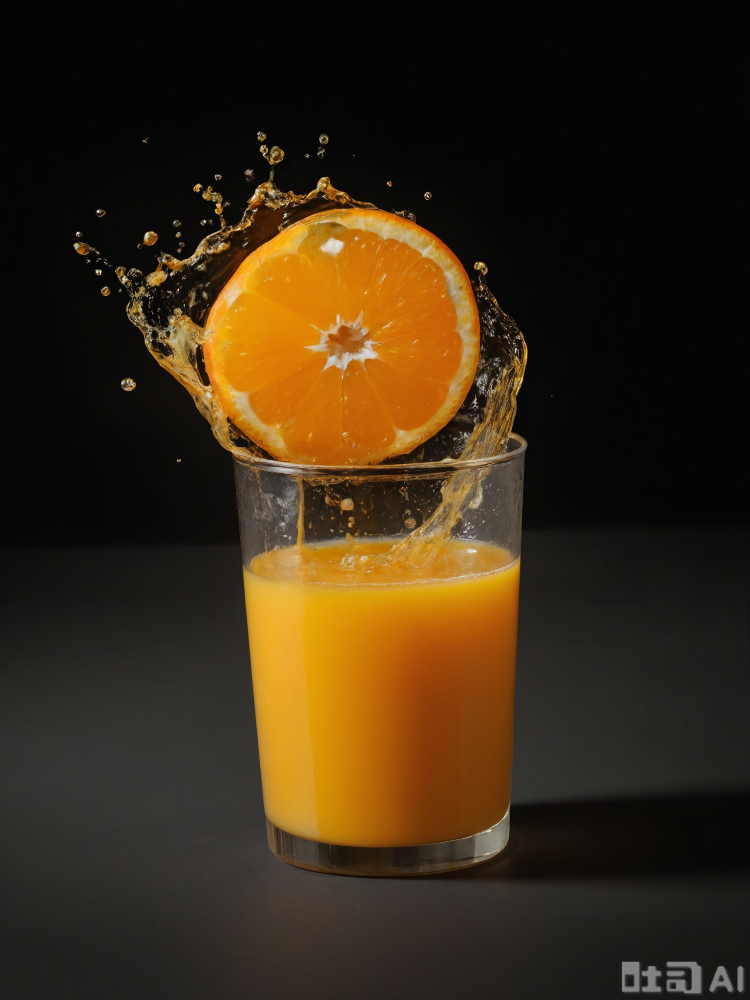 SPLJ, A close-up photograph of a glass of freshly squeezed orange juice, with a bright orange color and a few pulp particles floating in it. The glass is filled to the brim, and a slice of orange is placed on the rim as a garnish. The glass is set against a simple black background, and the lighting is bright, highlighting the natural sweetness and refreshing quality of the orange juice.
