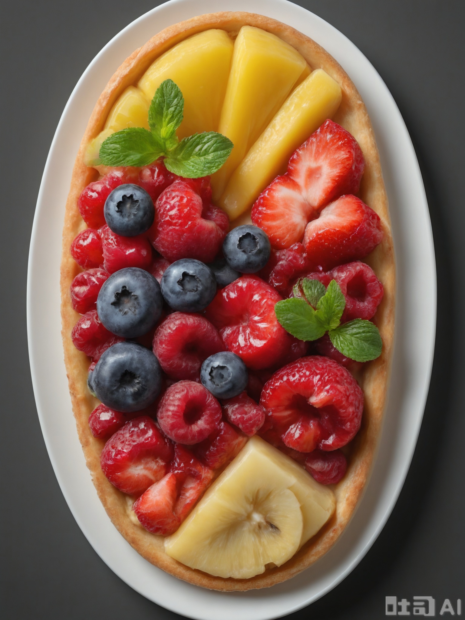 SPLJ, A close-up photograph of a plate of colorful fruit tart, with a crisp pastry crust, a layer of creamy custard, and a topping of fresh berries such as strawberries, blueberries, and raspberries. The tart is cut into slices, and one slice is placed on a white plate, which is set against a simple black background. The lighting is soft, highlighting the juicy texture and vibrant colors of the fruits, making the tart look like a perfect summer dessert.
