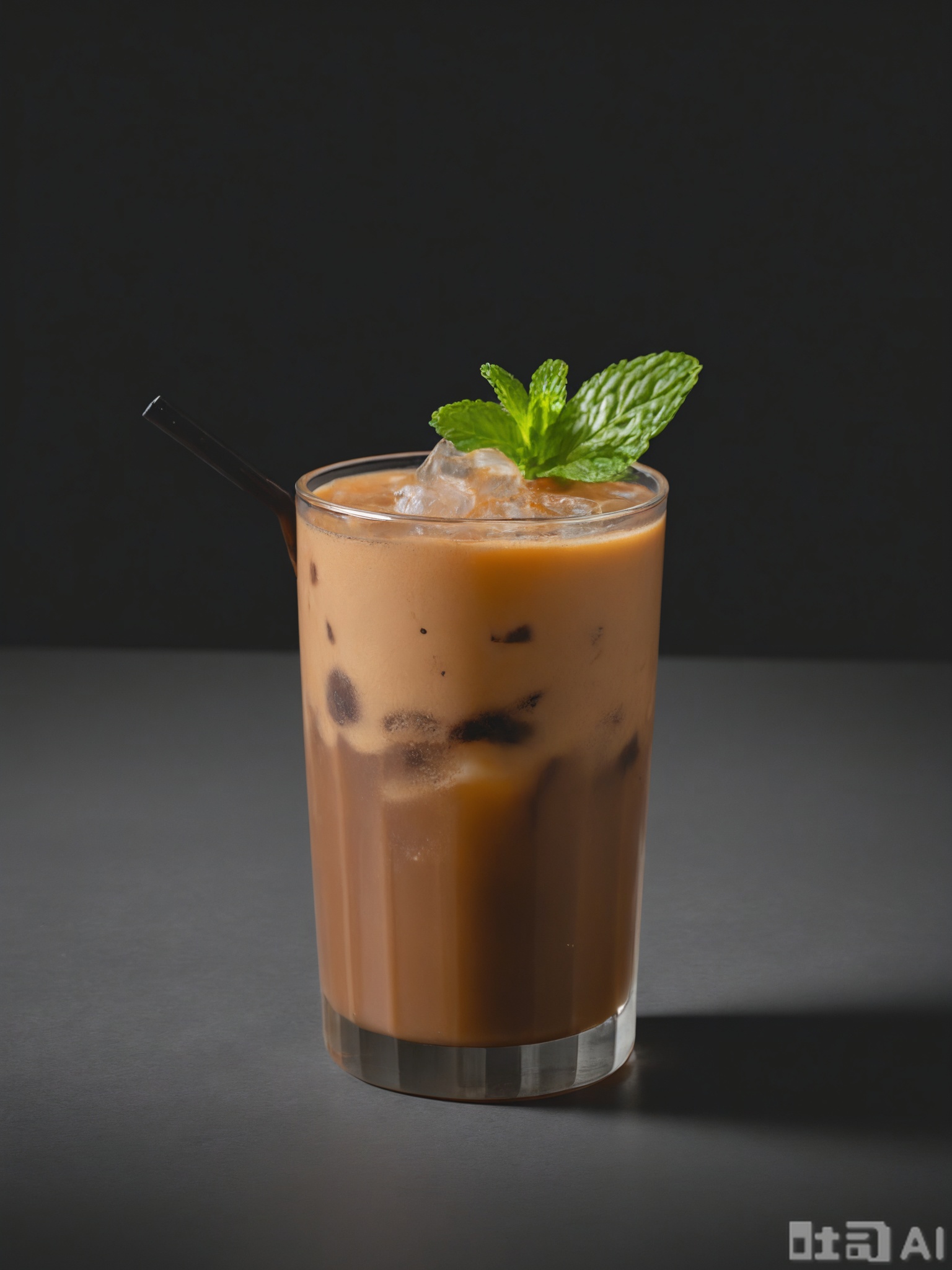 SPLJ, A close-up photograph of a glass of iced coffee, with a dark brown color and a layer of frothy milk on top. A few ice cubes are floating in the glass, and a straw is inserted. The glass is placed on a simple black background, and the lighting is bright, highlighting the refreshing and invigorating nature of the iced coffee. A small sprig of mint is placed beside the glass as a garnish.
