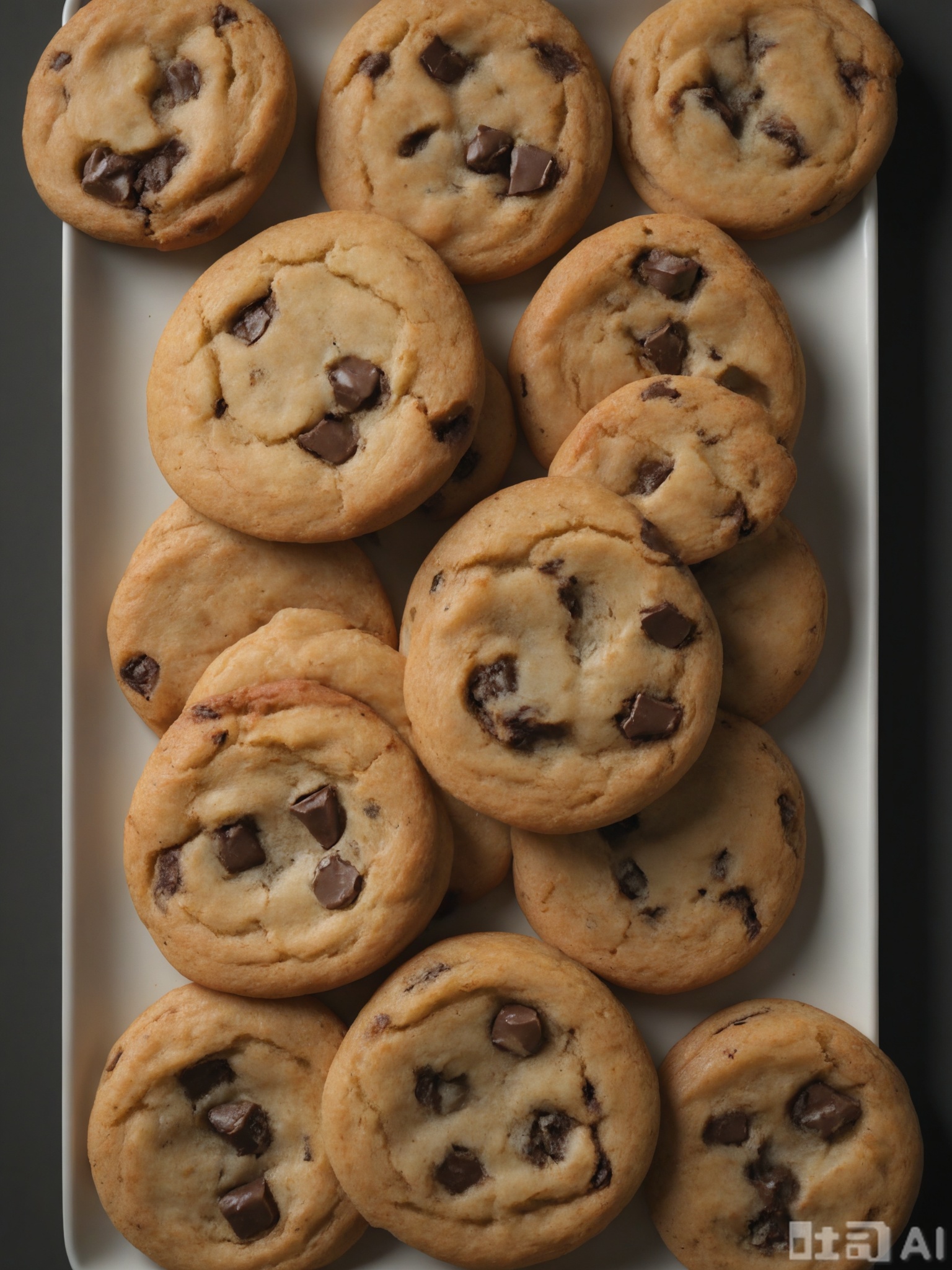 SPLJ, A close-up photograph of a plate of chocolate chip cookies, with a golden-brown color and a soft, chewy texture. The cookies are studded with large chunks of chocolate, and a few are slightly cracked on the surface. The plate is placed on a simple black background, and the lighting is warm, emphasizing the rich chocolate flavor and comforting aroma of the cookies.

