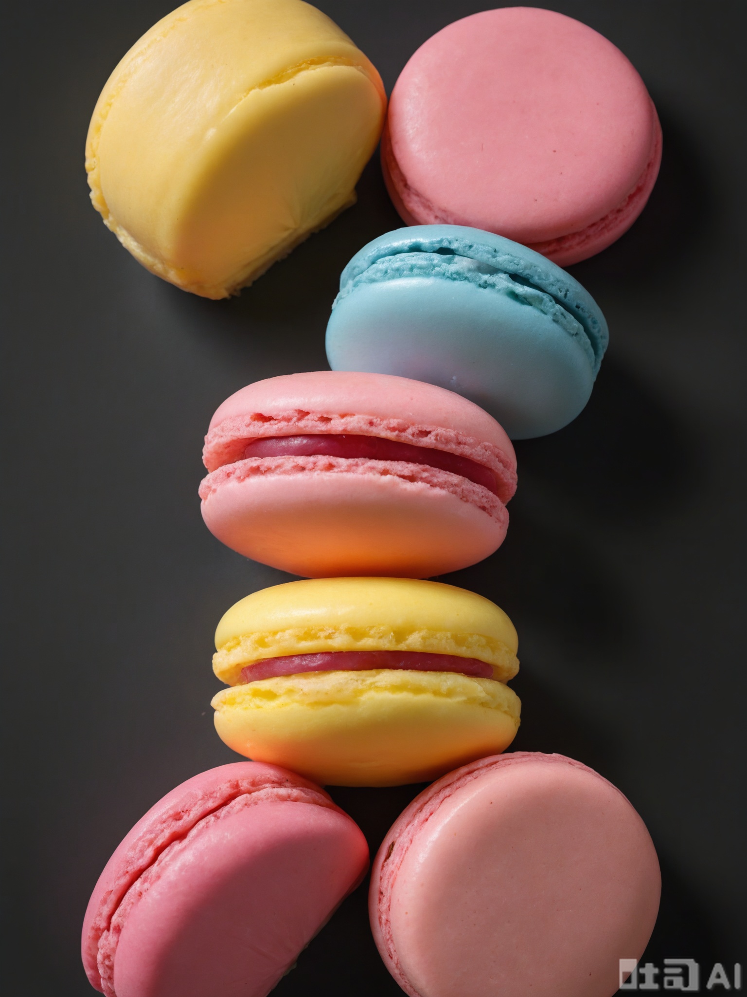SPLJ, A close-up photograph of a plate of freshly baked macarons, in an assortment of colors including pink, blue, and yellow. Each macaron has a smooth, shiny shell and a creamy filling. The macarons are arranged in a row on a white plate, which is set against a simple black background. The lighting is even, highlighting the delicate texture and vibrant colors of the macarons, making them look irresistibly sweet.

