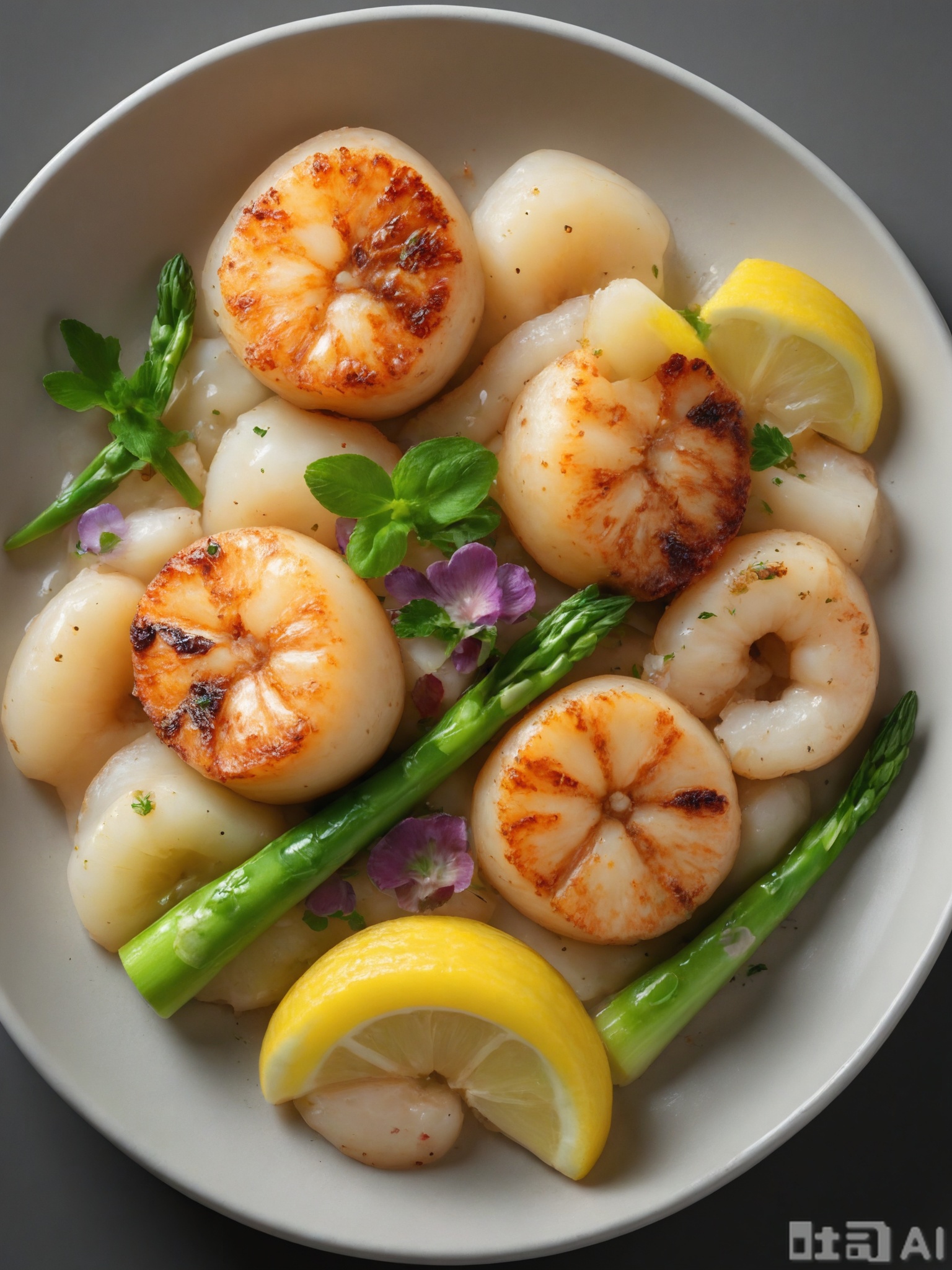 SPLJ, A close-up photograph of a plate of perfectly seared scallops, with a golden-brown crust on the outside and a tender, white interior. The scallops are arranged in a circular pattern on a white plate, which is placed on a simple black background. A drizzle of lemon butter sauce is artfully placed around the scallops, and a sprinkle of chopped chives adds a touch of green. The lighting is focused, highlighting the succulent texture and delicate flavor of the scallops.
