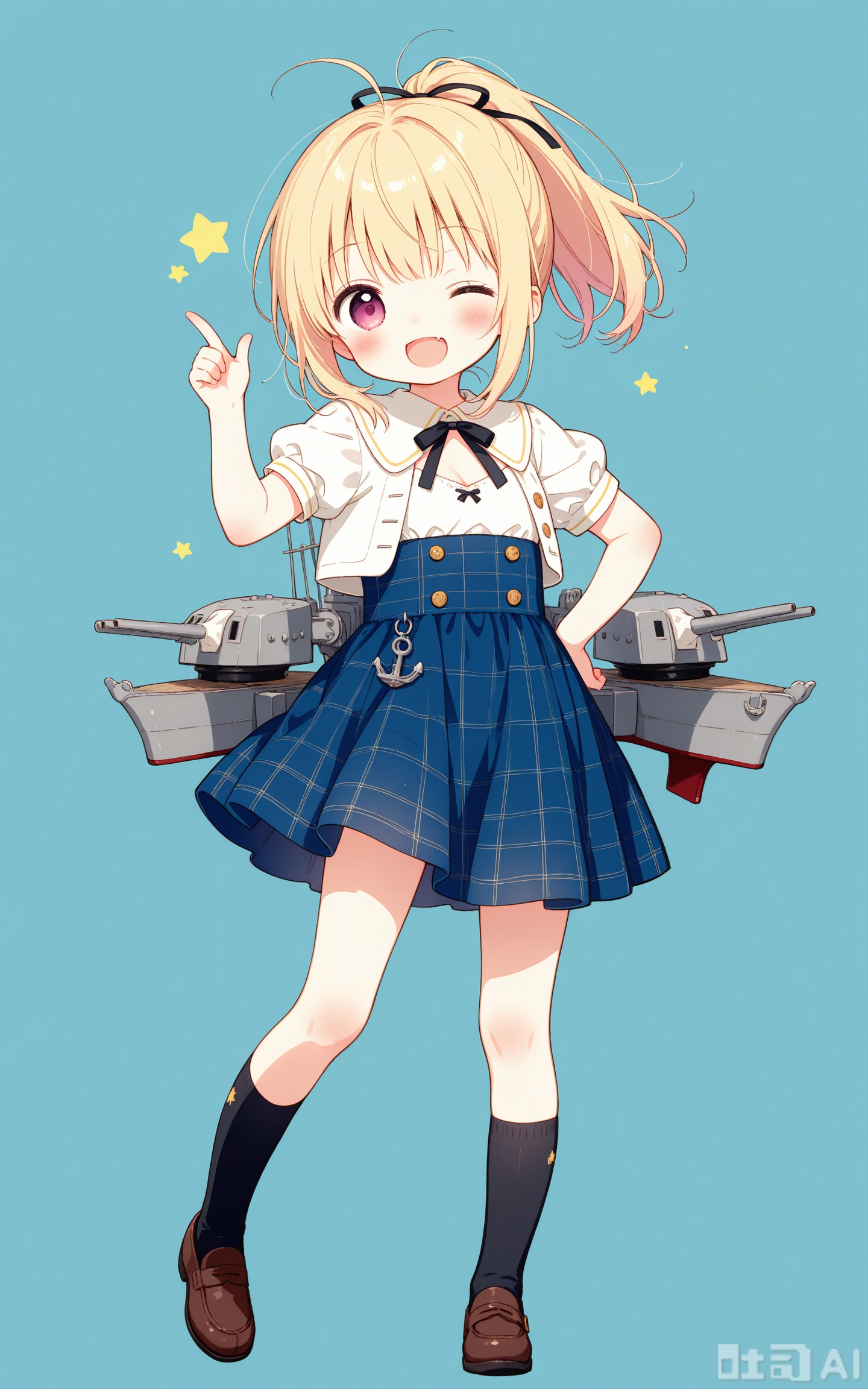 petite,cute,kawai,little girl,kid,underage,aged_down,child,loli,loli,loli,masterpiece,best quality,high quality,chromatic_aberration,
1girl, solo, breasts, looking at viewer, blush, smile, open mouth, bangs, skirt, blonde hair, shirt, ribbon, cleavage, medium breasts, standing, purple eyes, jacket, full body, white shirt, ponytail, ahoge, short sleeves, sidelocks, one eye closed, open clothes, shoes, socks, fang, puffy sleeves, pink eyes, star \(symbol\), open jacket, puffy short sleeves, hand on hip, plaid, kneehighs, clothing cutout, black ribbon, neck ribbon, red skirt, blue background, brown footwear, leg up, cleavage cutout, white jacket, standing on one leg, ;d, pointing, black socks, loafers, index finger raised, machinery, cropped jacket, high-waist skirt, turret, cannon, anchor, rigging, torpedo