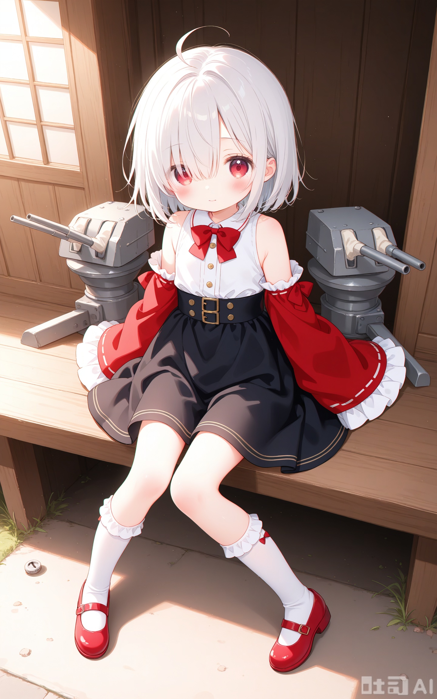petite,cute,kawai,little girl,kid,underage,aged_down,child,loli,loli,loli,masterpiece,best quality,high quality,chromatic_aberration,
1girl, solo, breasts, looking at viewer, short hair, bangs, skirt, shirt, red eyes, long sleeves, bow, bare shoulders, sitting, closed mouth, full body, white shirt, ahoge, white hair, frills, detached sleeves, shoes, sleeveless, socks, belt, wide sleeves, black skirt, hair over one eye, red bow, sleeves past wrists, kneehighs, sleeveless shirt, white socks, frilled sleeves, red footwear, mary janes, buckle, sleeves past fingers, machinery, high-waist skirt, turret, cannon, stitches, screw