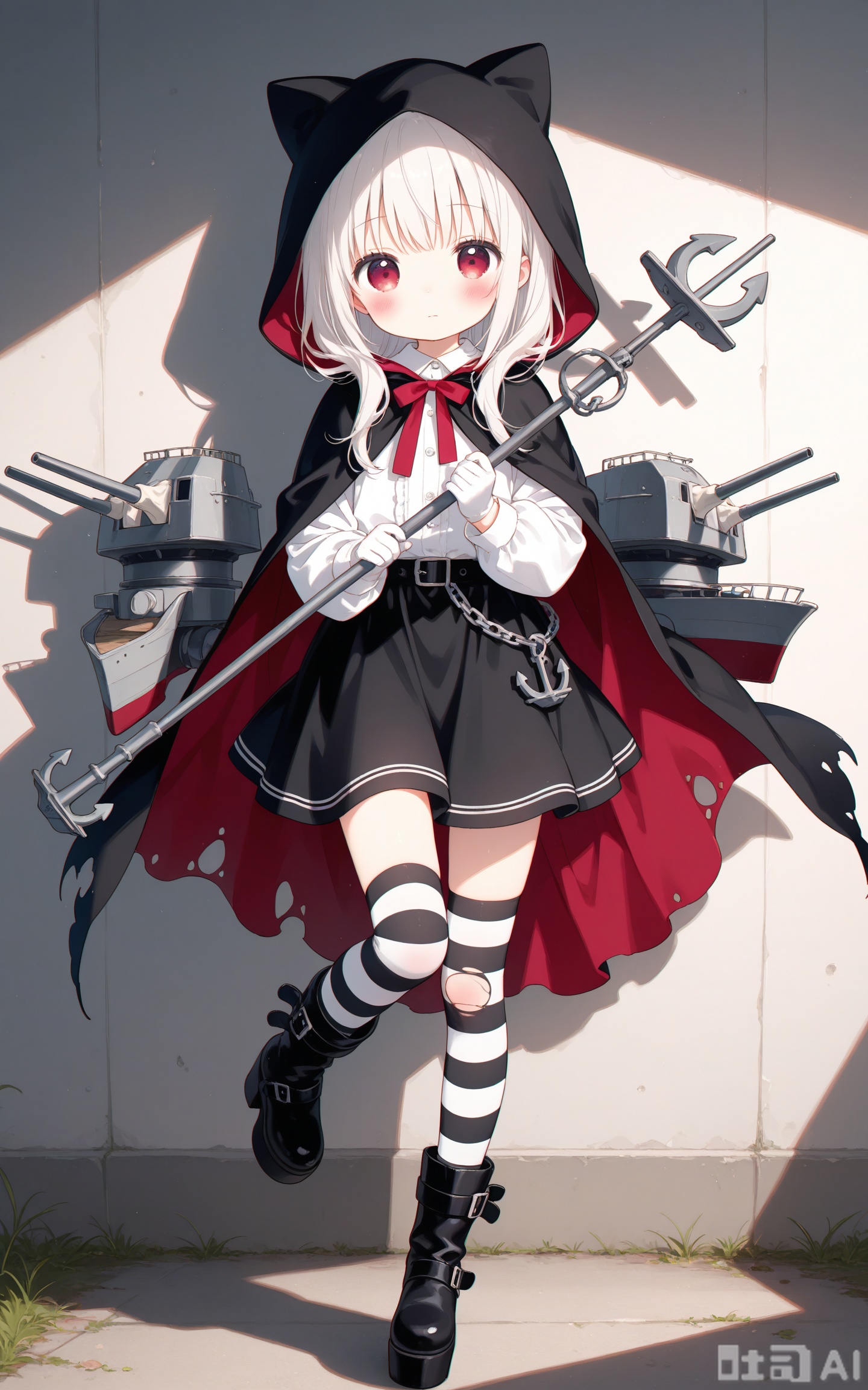 petite,cute,kawai,little girl,kid,underage,aged_down,child,loli,loli,loli,masterpiece,best quality,high quality,chromatic_aberration,
1girl, solo, long hair, looking at viewer, blush, bangs, skirt, shirt, red eyes, thighhighs, gloves, holding, closed mouth, standing, full body, white shirt, white hair, boots, striped, white gloves, hood, black skirt, cape, black footwear, red ribbon, torn clothes, chain, standing on one leg, striped thighhighs, hood up, turret, animal hood, cannon, black cape, anchor, platform footwear, torn cape, hooded cape, belt boots, platform boots