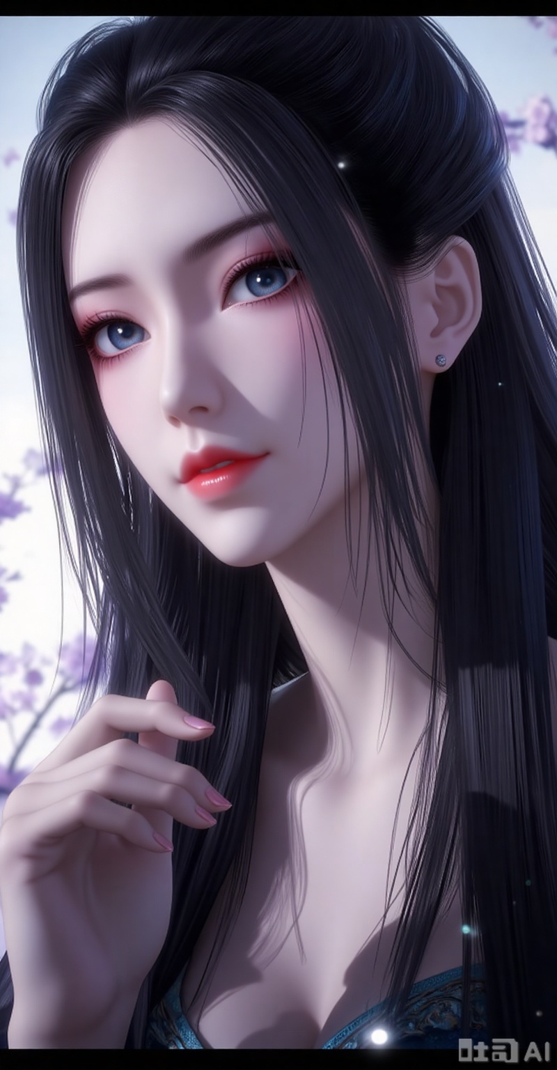 1girl, solo, long hair, looking at viewer, blue eyes, black hair, closed mouth, upper body,  blurry, night, blurry background,dress,bule dress,
white_background,simple background,
lvjing,lvjing,pifu,yafei,dongxuaner,meidusha,guanghuapifu,xiaoyixian,zinv,yanlingji