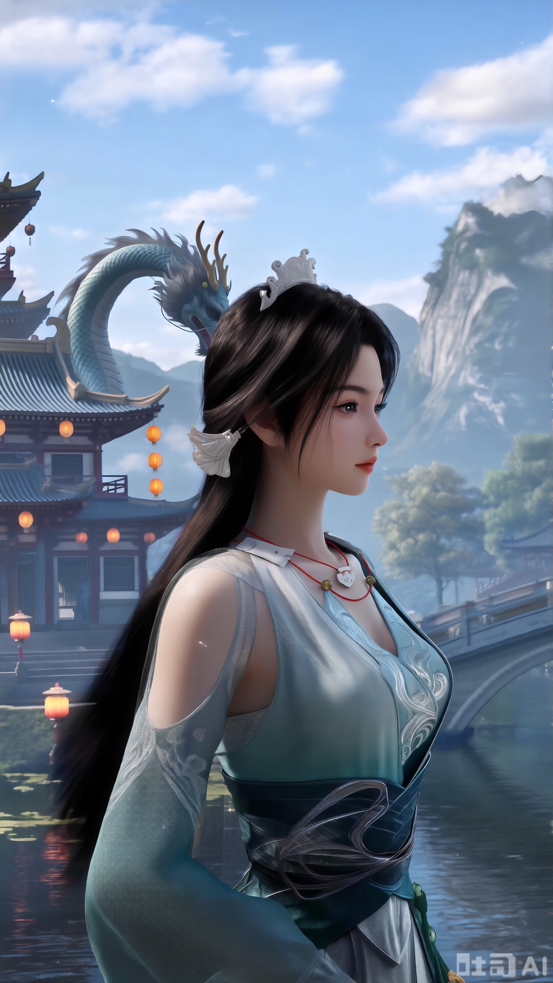 (masterpiece, best quality:1.2),1 girl, solo, long hair, black hair, hair accessories, clothing, cleavage cuts, long dress, jewelry, upper body, earrings. Background is outdoor, sky, clouds, water, trees, architecture, landscape, lantern, mountain, dragon, architecture, bridge, east Asian architecture, fog, pagoda,,(huge breasts:2.99),(full breasts:2.99),XsongyuQwen,XyinyueQwen,XlujiajiaQw,XsongyuQwen,XmupeulingQwen,XiPhone17Pro