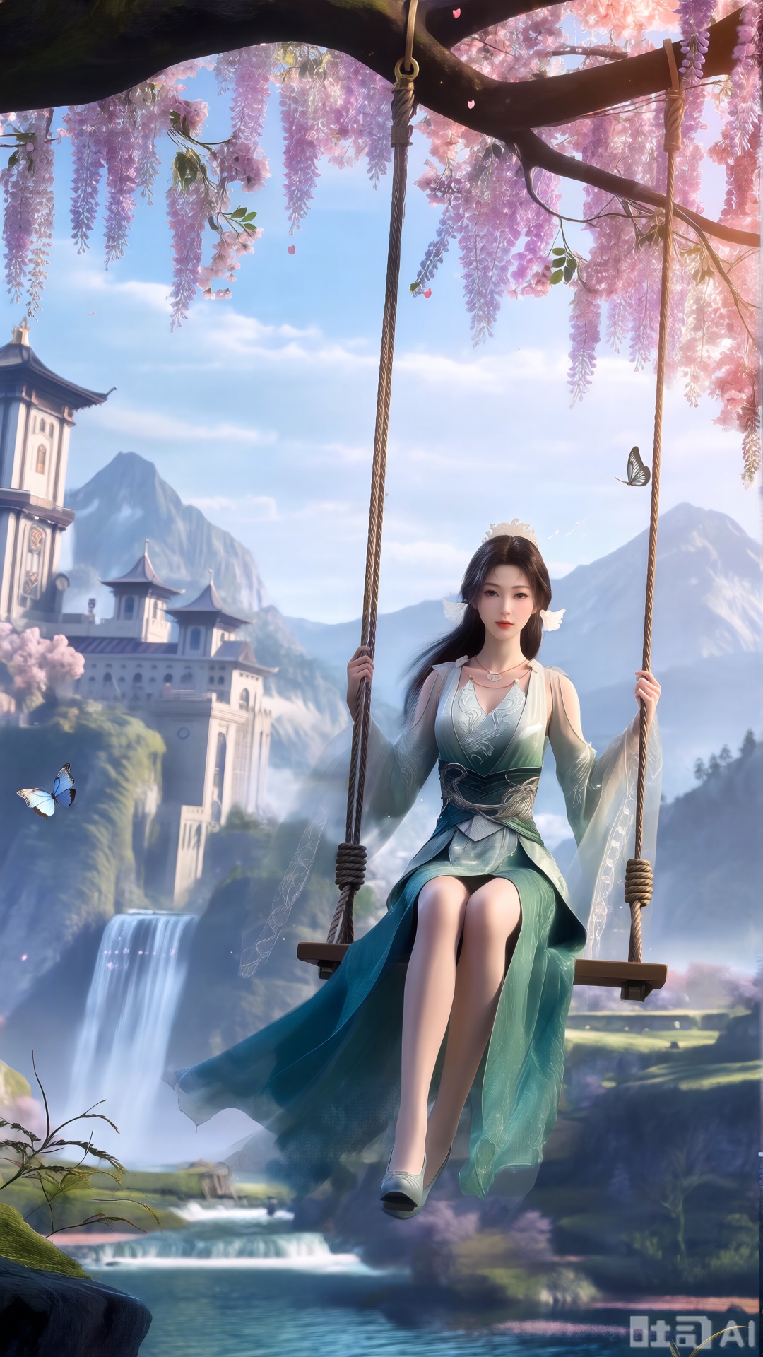  (masterpiece, top quality, best quality, official art, beautiful and aesthetic:1.2),Dynamic posture,(Sitting on the swing:1.39),natural skin texture,(Milky skin:1.2),1gir,solo,long Dress, (Long legs, perfect proportions:1.2),(Sakura, butterfly:1.29),(huge breasts:2.99),(full breasts:2.99),Wisteria, wisteria flowers, castle, waterfall, mountains in the distance,XsongyuQwen,XyinyueQwen,XlujiajiaQw,XsongyuQwen,XmupeulingQwen,XiPhone17Pro