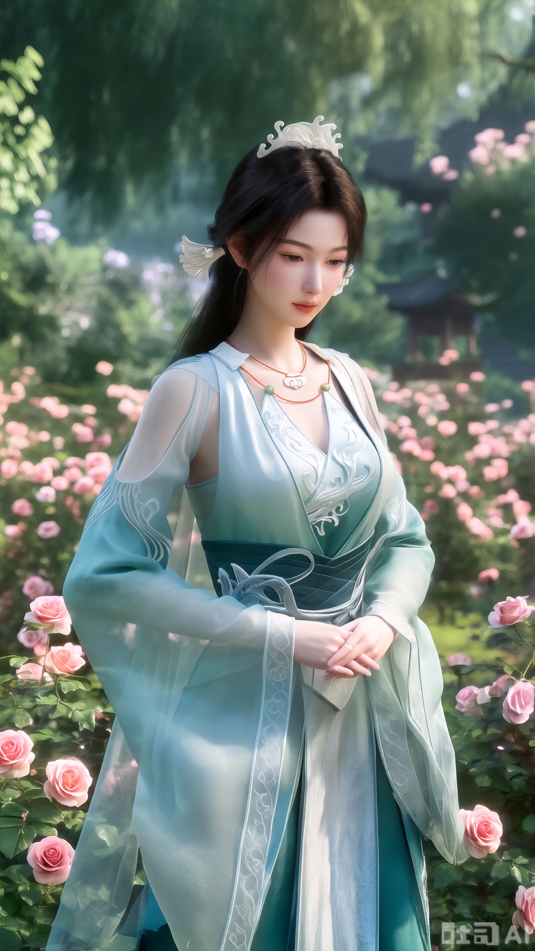  (masterpiece:1.2),best quality,,A woman adorned in traditional Chinese attire,featuring a flowing robe with intricate embroidery and floral accents. A garden filled with pink roses and lush greenery. Soft pastel hues of white,blue,and green,creating a serene atmosphere. Photorealistic photography.,(huge breasts:2.99),(full breasts:2.99),XsongyuQwen,XyinyueQwen,XlujiajiaQw,XsongyuQwen,XmupeulingQwen,XiPhone17Pro