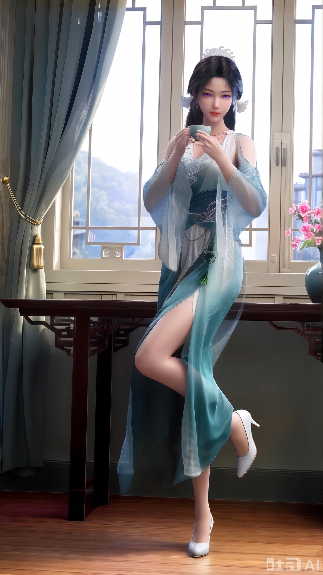 (masterpiece:1.2),Ultra clear, 8k, 1girl, solo, long hair, looking at viewer, bangs,long dress,, bare shoulders, jewelry, black hair, standing, purple eyes, full body, flower, thighs, indoors, hair bun, long dress, high heels, cup, see-through, book, bare legs, window, table, white footwear, standing on one leg, curtains, pink flower, side slit, vase, ,(huge breasts:2.99),(full breasts:2.99),,XsongyuQwen,XyinyueQwen,XlujiajiaQw,XsongyuQwen,XmupeulingQwen,XiPhone17Pro
