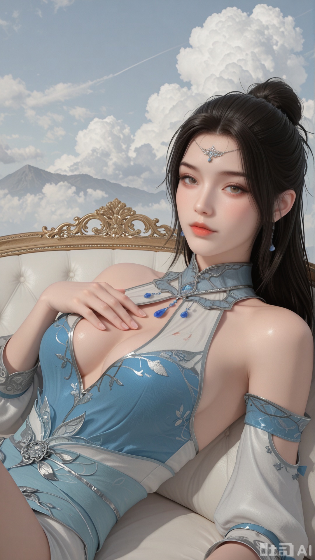 girl, solo, XW clothes, covering cleavage cutout, exquisite skin, reclining, looking at viewer, even illumination, very awa, Solid Glossy and cloud background, 