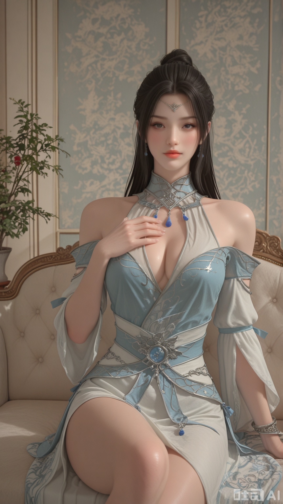 girl, solo, XW clothes, covering cleavage, exquisite skin, reclining, looking at viewer, even illumination, very awa, Solid Glossy and cloud background, 