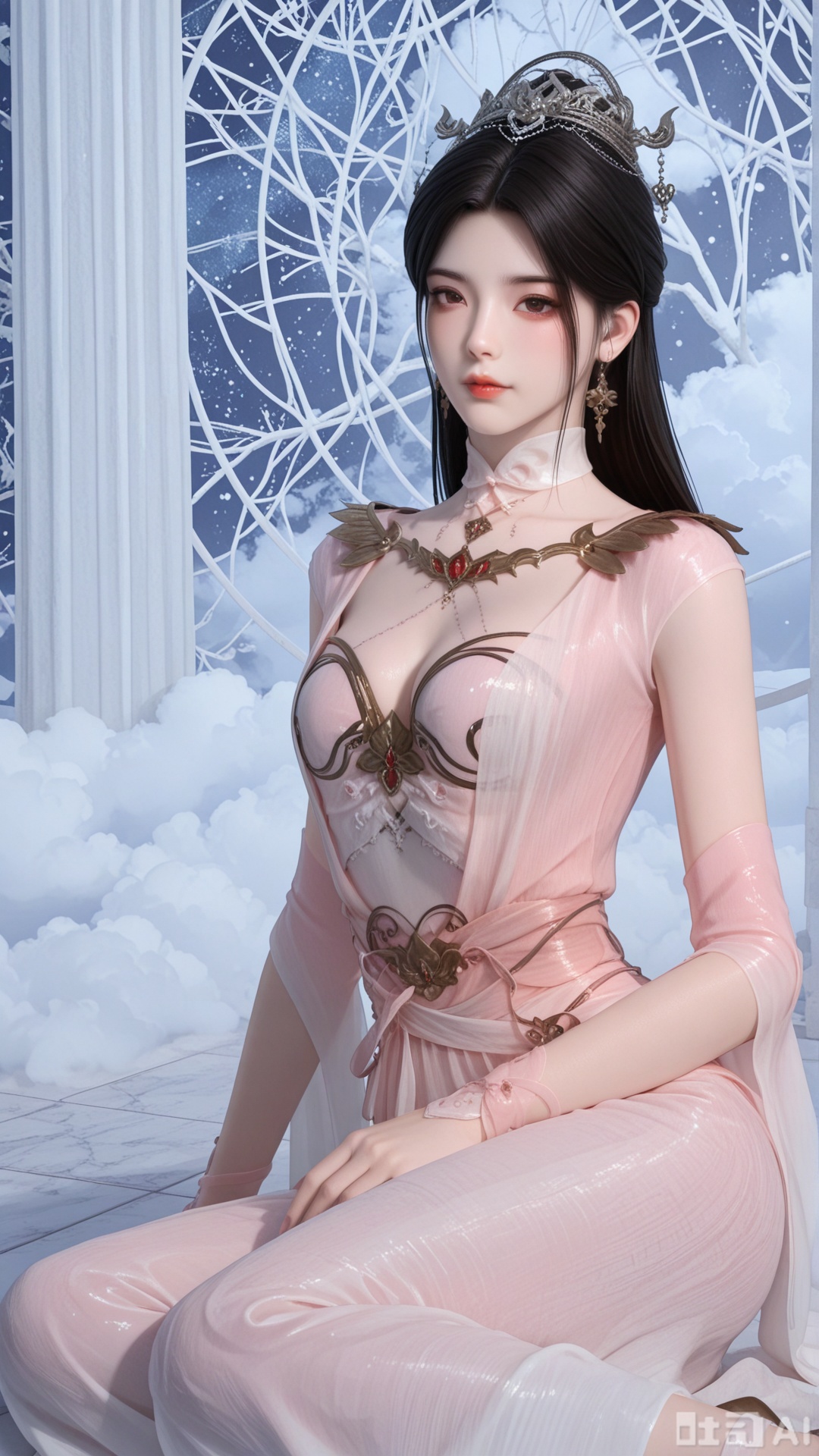 1girl, solo, ZX clothes, exquisite skin, yokozuwari, looking at viewer, even illumination, very awa, Solid Glossy and cloud background,