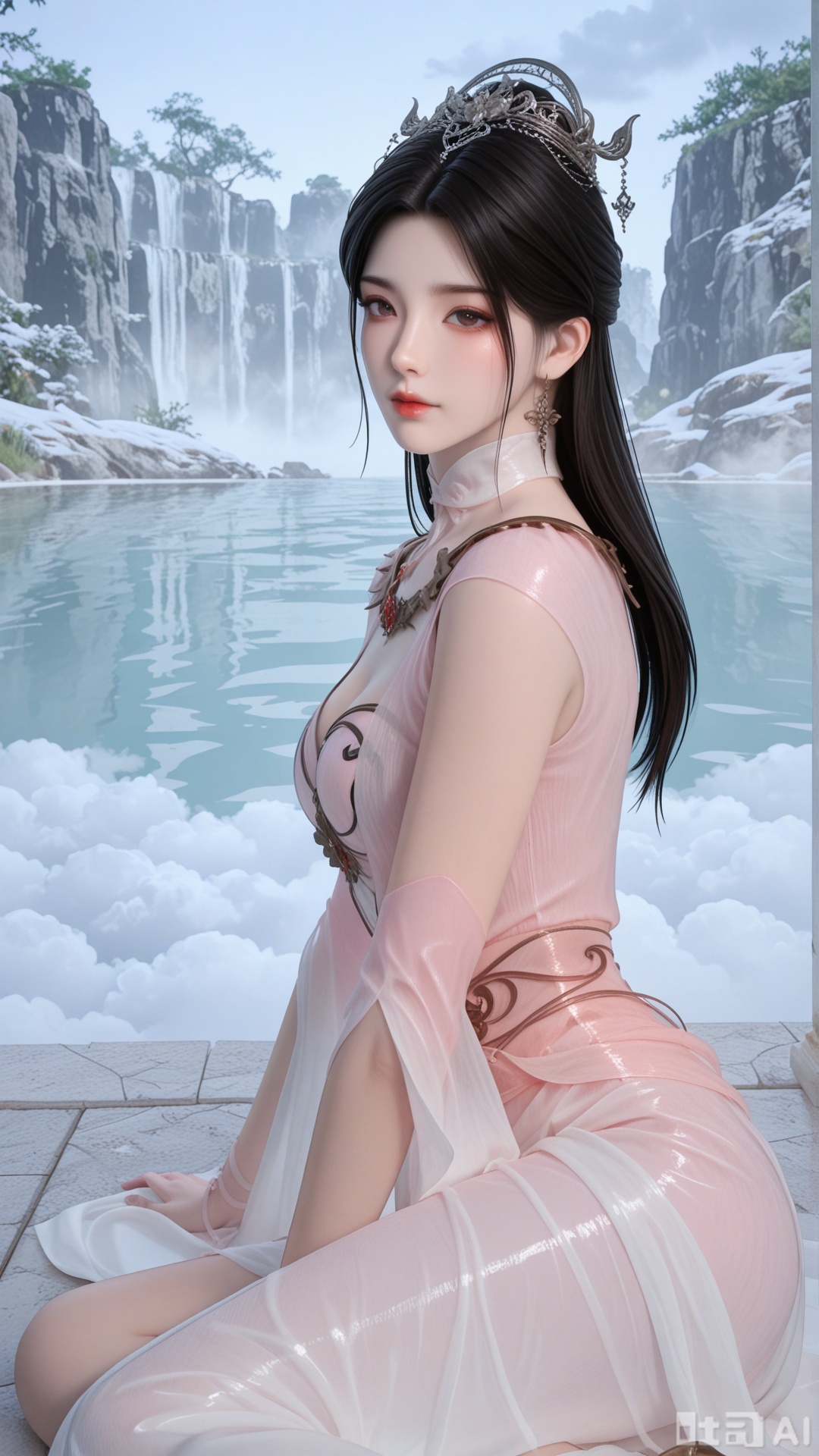 1girl, solo, ZX clothes, exquisite skin, yokozuwari, looking at viewer, even illumination, very awa, Solid Glossy and cloud background,