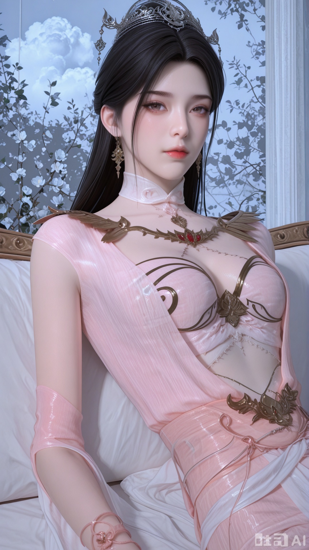 1girl, solo, ZX clothes, exquisite skin, reclining, looking at viewer, even illumination, very awa, Solid Glossy and cloud background,