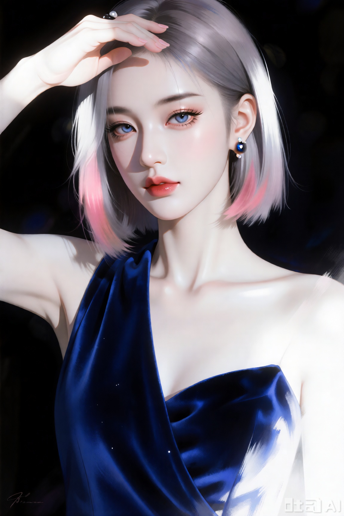 国潮风油画大笔迹重彩插画。真人质感。御姐范鞠婧,五官精致立体,单手叉腰,单手放在额头处做遮挡阳光动作。身穿深蓝色丝绒斜肩礼服,整体配色清新简约。瓷白如玉的肌肤雾面感,眉如远黛,黑曜石般明亮的眼瞳,灰蓝色虹膜分层着色,闪耀着异域星芒,浓密卷翘的长睫毛,清透的皮肤,柔光,细腻渲染,绝美眼睛,魅惑冷艳的眼神,发尾切割平齐的银灰色齐腰发型,粉色渐变挑染,色彩过渡自然,嘟嘟感温润的咬唇妆,静美珍珠配饰。3D写实建模,CG渲染美女,笔触,线条清晰,明暗对比,超高清,垂坠感,高级感,最高画质,丰富细节,朦胧感,微距镜头,面部阴影,面部聚焦,丰富的细节,高质量,写实逼真,艳丽的油画质感,细腻肌理,bjd感效果,真实光影,侧光,韩式清透妆：轻薄水光底妆,卧蚕饱满,细眼线自然延长；正脸极高处向下拍摄镜头,创意暗色系浪漫背景,大师级中心构图。