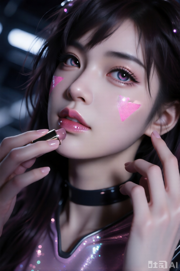 高角度垂直俯拍,怼脸拍,隐隐约约的模糊绝色可爱美女cos守望先锋dva,脸颊各两条粉色三角形图案,抬头脸贴近镜头,她正在涂抹水润柔软光泽闪粉亮片偏光玻璃唇釉,透视感,头发凌乱而突出垂向镜头,珠光,反射,光泽,迷幻,意识流,处于全局朦胧模糊的环境中,呈现动态模糊、边沿模糊效果,暗黑风格,深色未来感空间站背景光氛围,有多重曝光、失焦感觉,采用超广角、强透视、景深拍摄,有高噪点、强烈的胶片颗粒感,体现动态美学、弥散晕染、朦胧美学,构图夸张超现实,细节生动完美如杰作。
超高清8K画质,柔光摄影棚灯光,皮肤纹理清晰可见,睫毛根根分明,嘴唇釉光质感,突出时尚高级感,优雅且富有创意写实逼真,CG厚涂,3D高精度建模渲染,OC渲染Dolby Vision动态范围,立体唇反光,细腻皮肤纹理柔和8K超清真人比例建模,电影级景深,精确的面部解剖结构,微距摄影打光技术,动态表情捕捉,瞳孔虹膜分层着色。多角度,修长的手指,暗黑童话风格,真实生动的表现力,微表情,剧情感,电影质感。