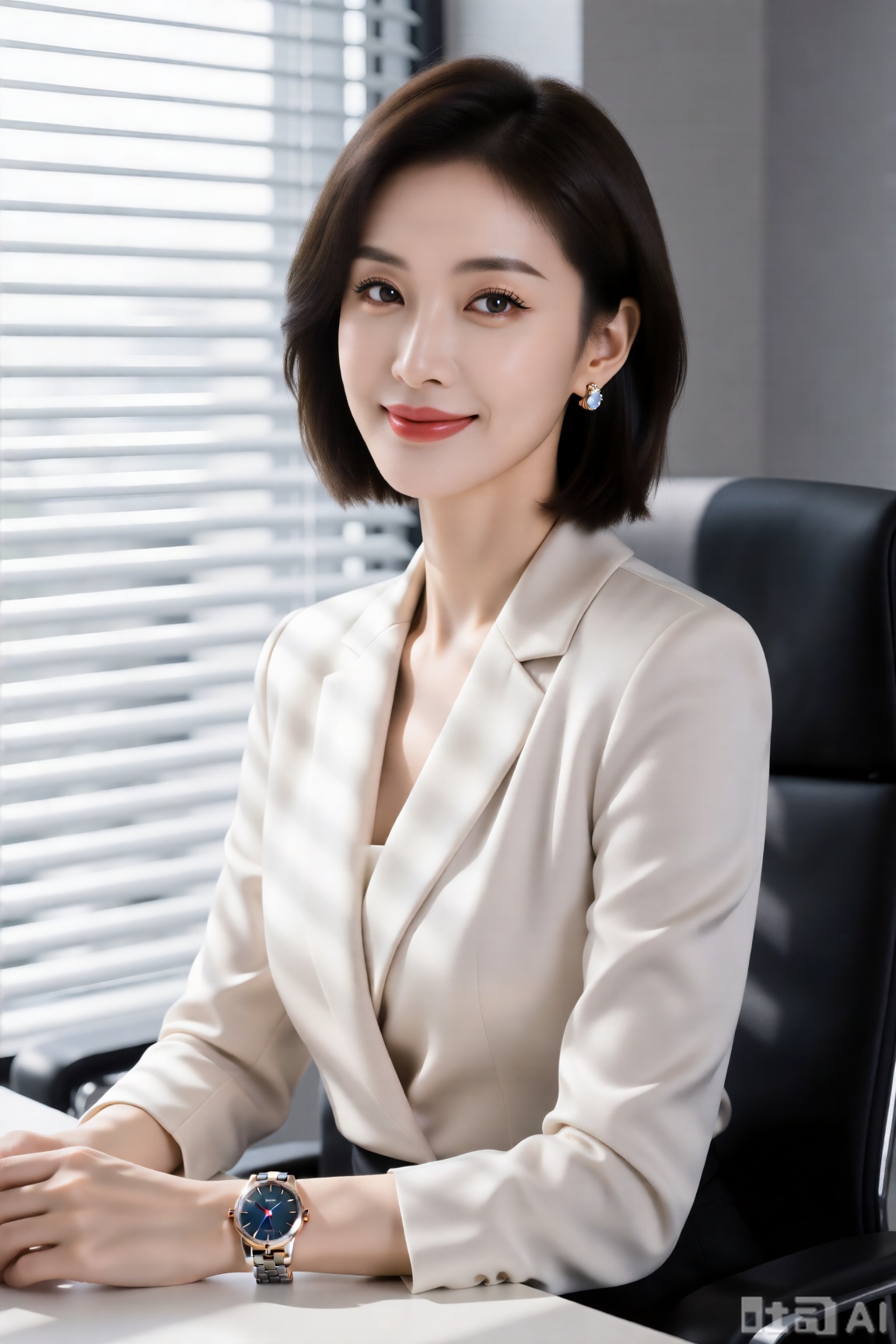 办公室时尚精英美玉姐,极品御姐熟女,毛寸,干练,嘴角上扬,大眼睛,双眼皮,长睫毛,皮肤细腻白皙如同儿童皮肤,耳环映衬美丽,戴手表,优雅服饰,坐在办公室里百叶窗前,超高清,专业摄影打光,人物真实感,细致清晰,逼真,现代美女,高贵典雅,知性。