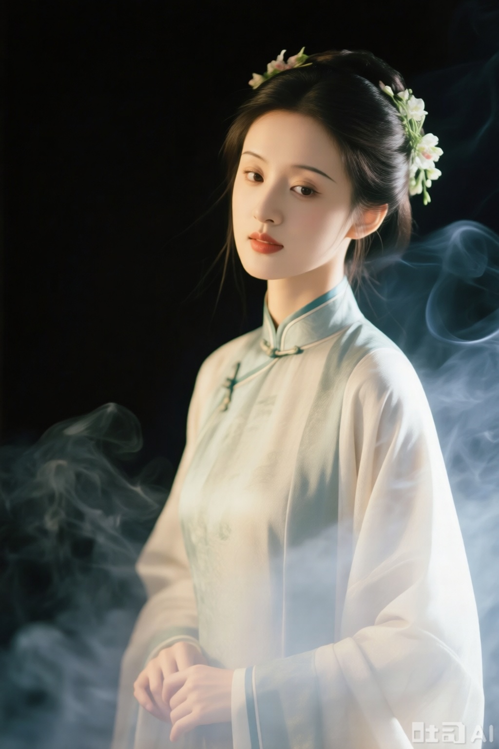 古风,一幅精美的摄影作品,女性站在花朵和烟雾中,背景是黑色,花朵是白色的和粉色的,包括百合和蓼花。女性有美丽的脸蛋,戴着花冠,黑发上盘,穿着长款的青蓝色和白色袍子,袍子上有精致的花纹,左手轻触袍子的边缘。她的眼神温和,唇色红润,周围有轻微的烟雾,给人一种梦幻般的感觉。摄影风格清新典雅,色彩柔和,光线柔和,女性的穿着和花朵构成美丽的对比。,光影,cheongsam