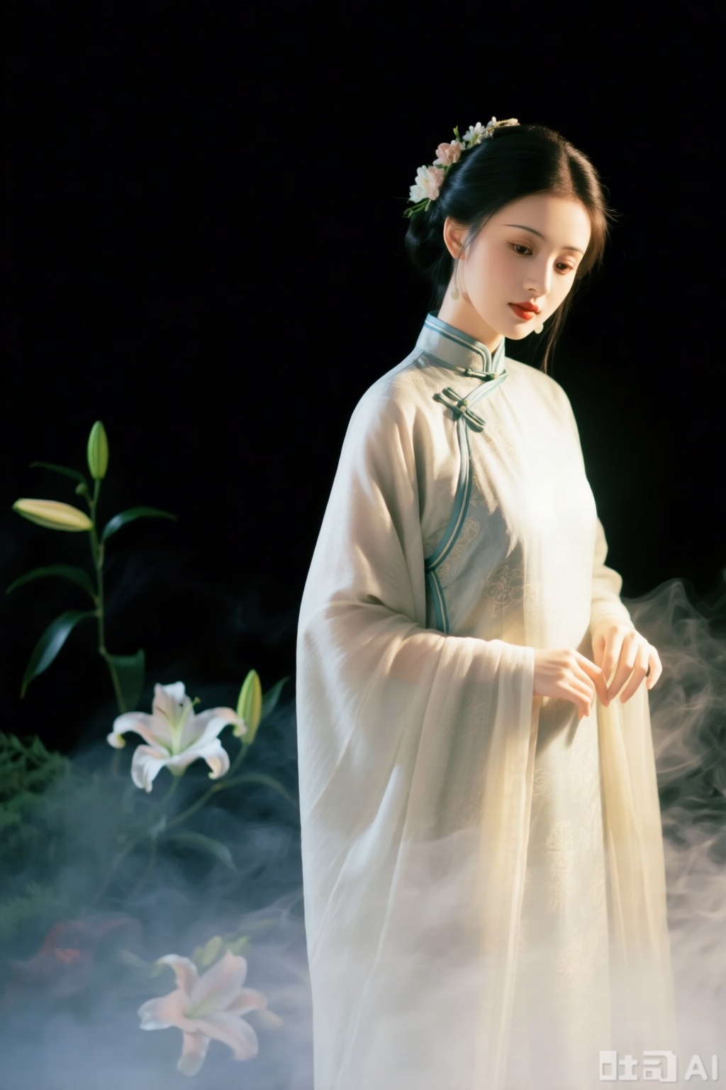 古风,一幅精美的摄影作品,女性站在花朵和烟雾中,背景是黑色,花朵是白色的和粉色的,包括百合和蓼花。女性有美丽的脸蛋,戴着花冠,黑发上盘,穿着长款的青蓝色和白色袍子,袍子上有精致的花纹,左手轻触袍子的边缘。她的眼神温和,唇色红润,周围有轻微的烟雾,给人一种梦幻般的感觉。摄影风格清新典雅,色彩柔和,光线柔和,女性的穿着和花朵构成美丽的对比。,光影,cheongsam