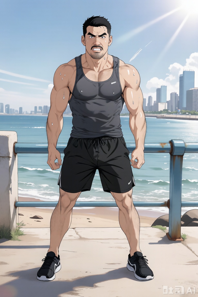 以tgywl画风呈现的高品质杰作,画面充满绝美质感。城市海边,阳光洒落。一位约30岁的年轻熟男站在栏杆前空地上。他透着沉稳坚毅。身材健硕,胸肌发达,身着速干背心与黑色运动短裤,他咬紧牙关,双腿叉开眼睛紧张的望着镜头,表情专注,额头汗珠闪烁。成熟魅力与活力在他身上完美融合,尽显对性的热爱,tgywl style。