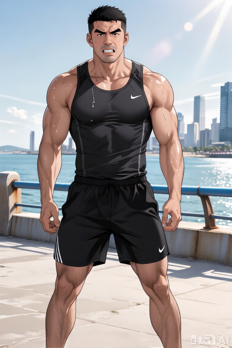 以tgywl画风呈现的高品质杰作,画面充满绝美质感。城市海边,阳光洒落。一位约30岁的年轻熟男站在栏杆前空地上。他透着沉稳坚毅。身材健硕,胸肌发达,身着速干背心与黑色运动短裤,他咬紧牙关,双腿叉开眼睛紧张的望着镜头,表情专注,额头汗珠闪烁。成熟魅力与活力在他身上完美融合,尽显对性的热爱,tgywl style。