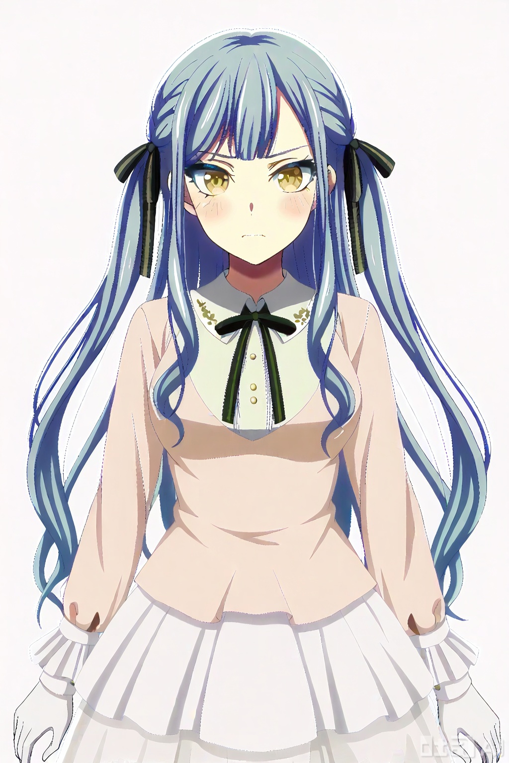 masterpiece, best quality,solo,((white background:1.2)),simple background,full body,2boys,back to back 
looking at viewer,togawa sakiko,bangs,ribbon,hair ribbon,black ribbon,two side up,blue hair,grey hair,sidelocks,blunt bangs,yellow eyes
