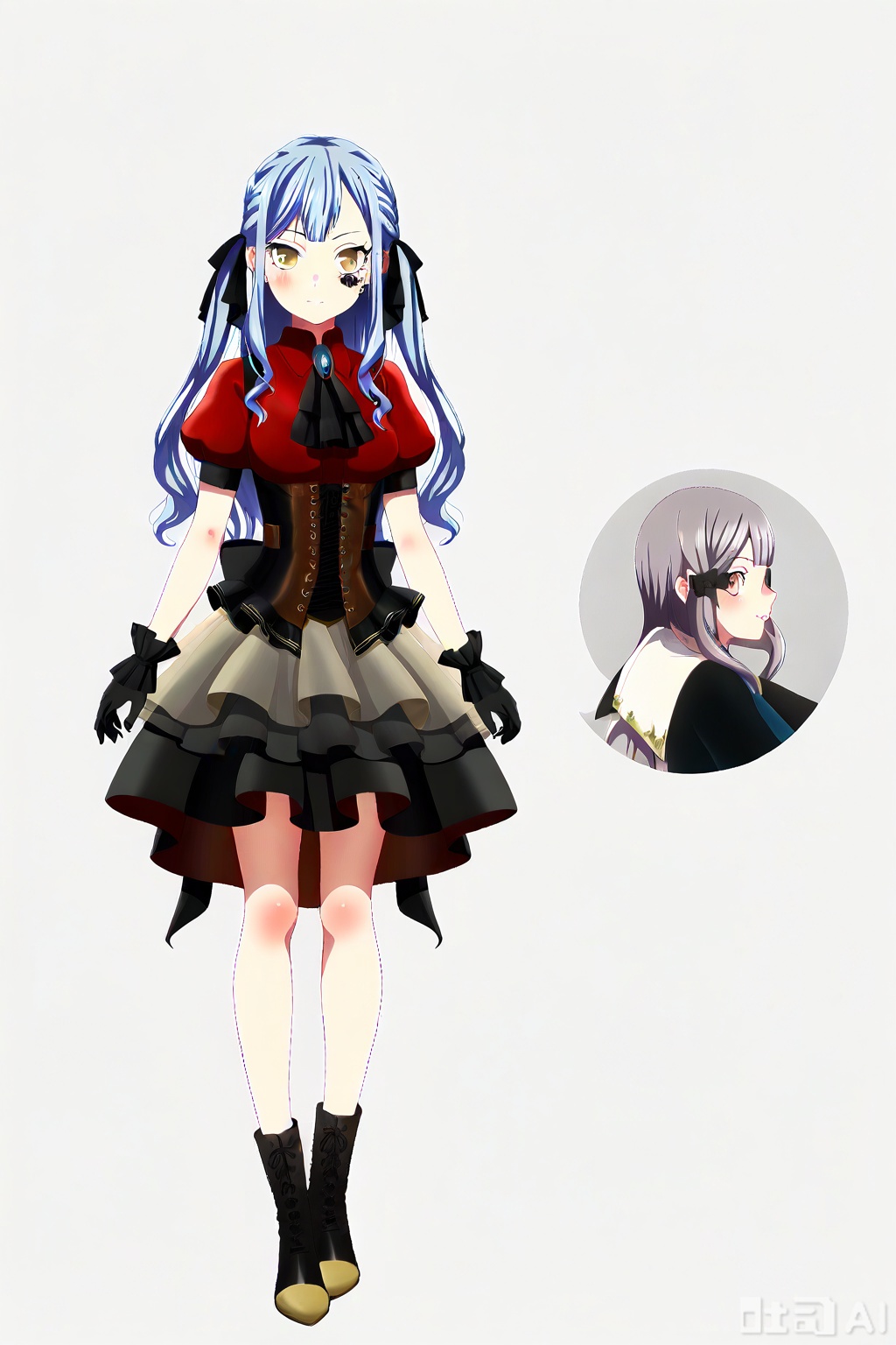 masterpiece, best quality,solo,((white background:1.2)),simple background,full body,2boys,back to back 
looking at viewer,togawa sakiko,bangs,ribbon,hair ribbon,black ribbon,two side up,blue hair,grey hair,sidelocks,blunt bangs,yellow eyes,Oblivionis type,short sleeves, black gloves,red collared shirt,puffy sleeves, jewelry,black dress,layered skirt, puffy short sleeves,black ascot,gold_trim