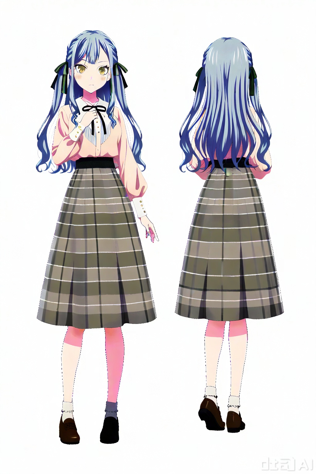 masterpiece, best quality,solo,((white background:1.2)),simple background,full body,2boys,back to back 
looking at viewer,togawa sakiko,bangs,ribbon,hair ribbon,black ribbon,two side up,blue hair,grey hair,sidelocks,blunt bangs,yellow eyes
saki type,neck ribbon,plaid skirt,grey skirt,high-waist skirt